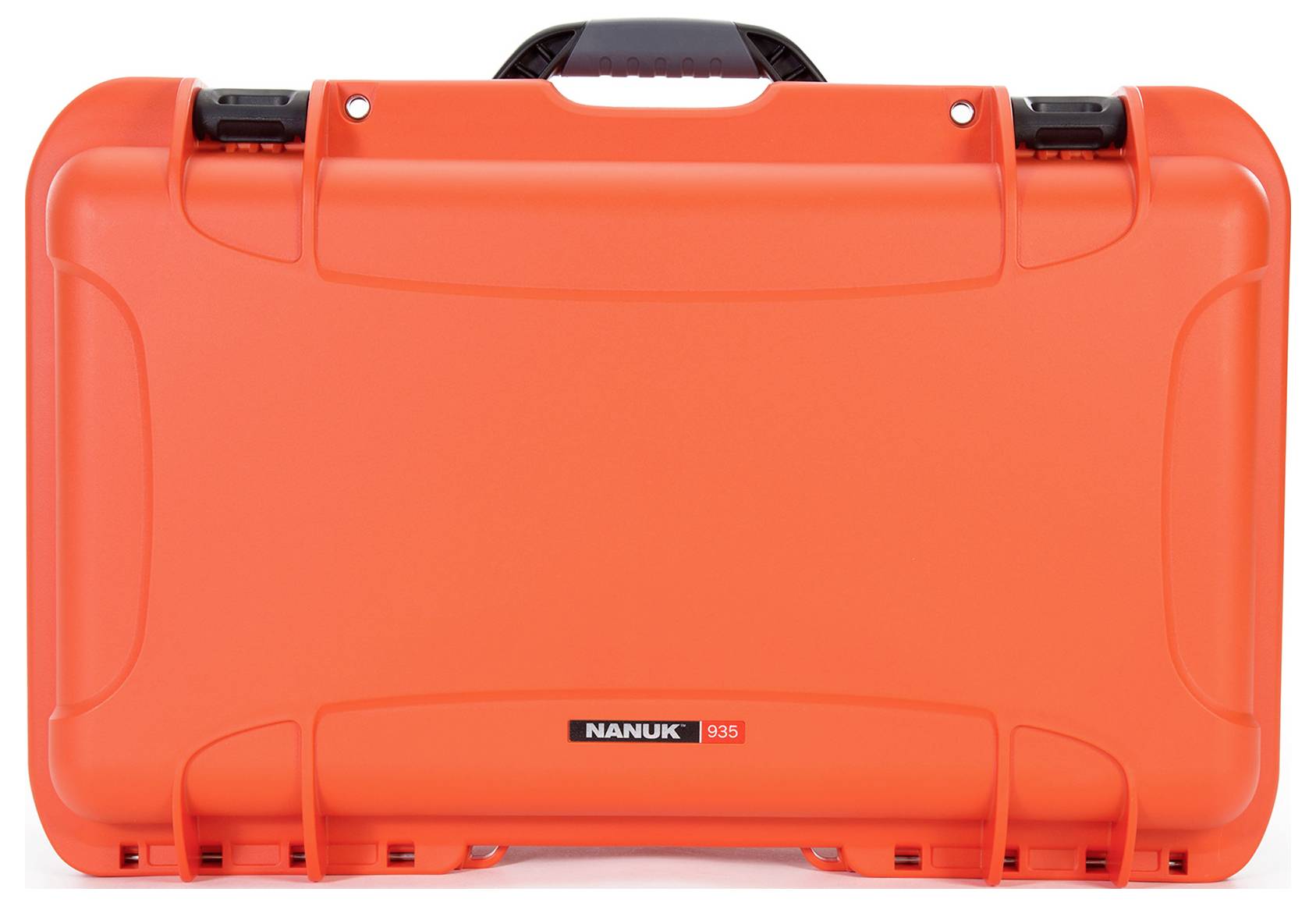 Orange hard-shell case with black handle, 'Nanuk 935' label visible.