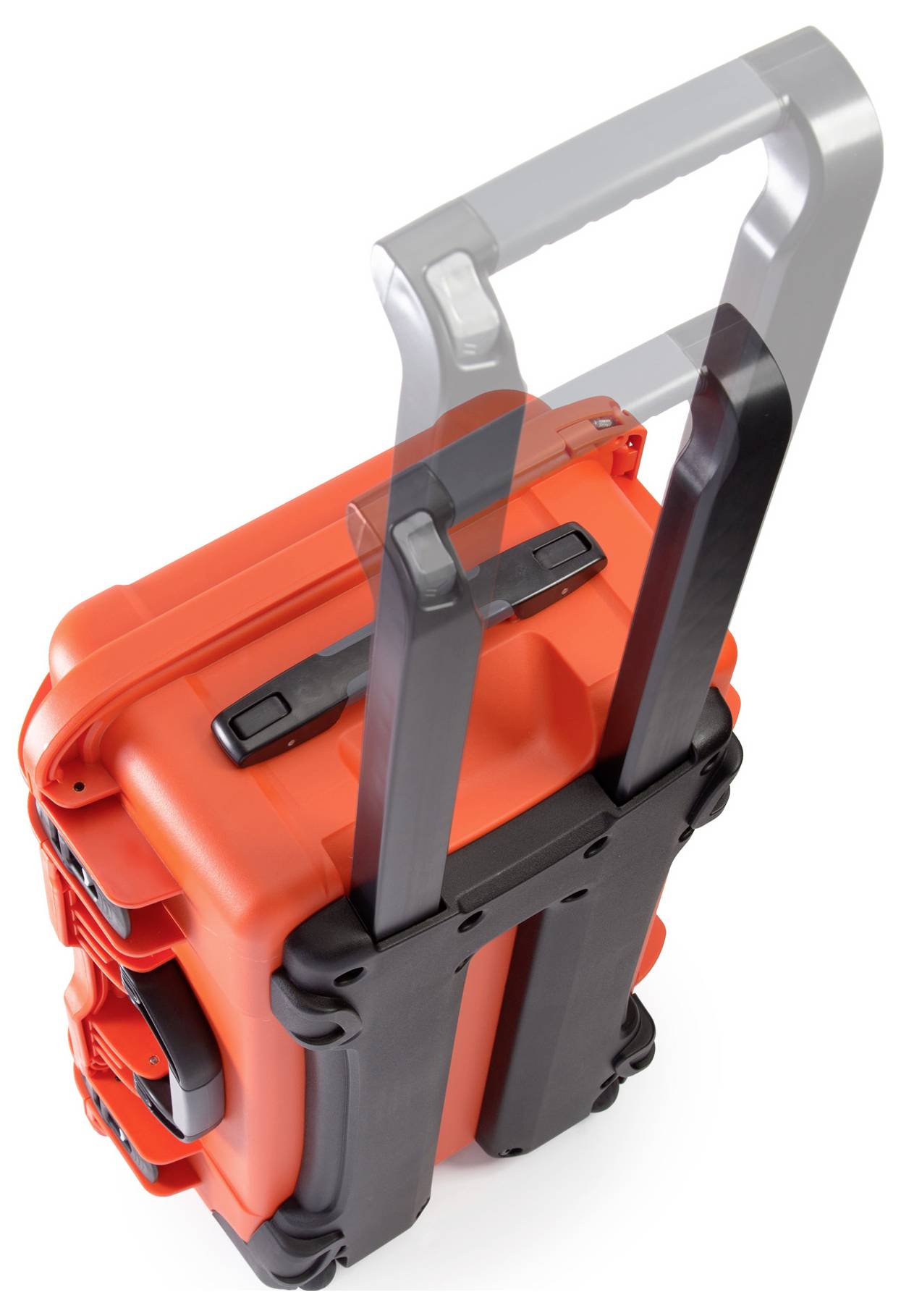 Red, sturdy rolling suitcase with an extendable handle, suitable for transporting delicate equipment.