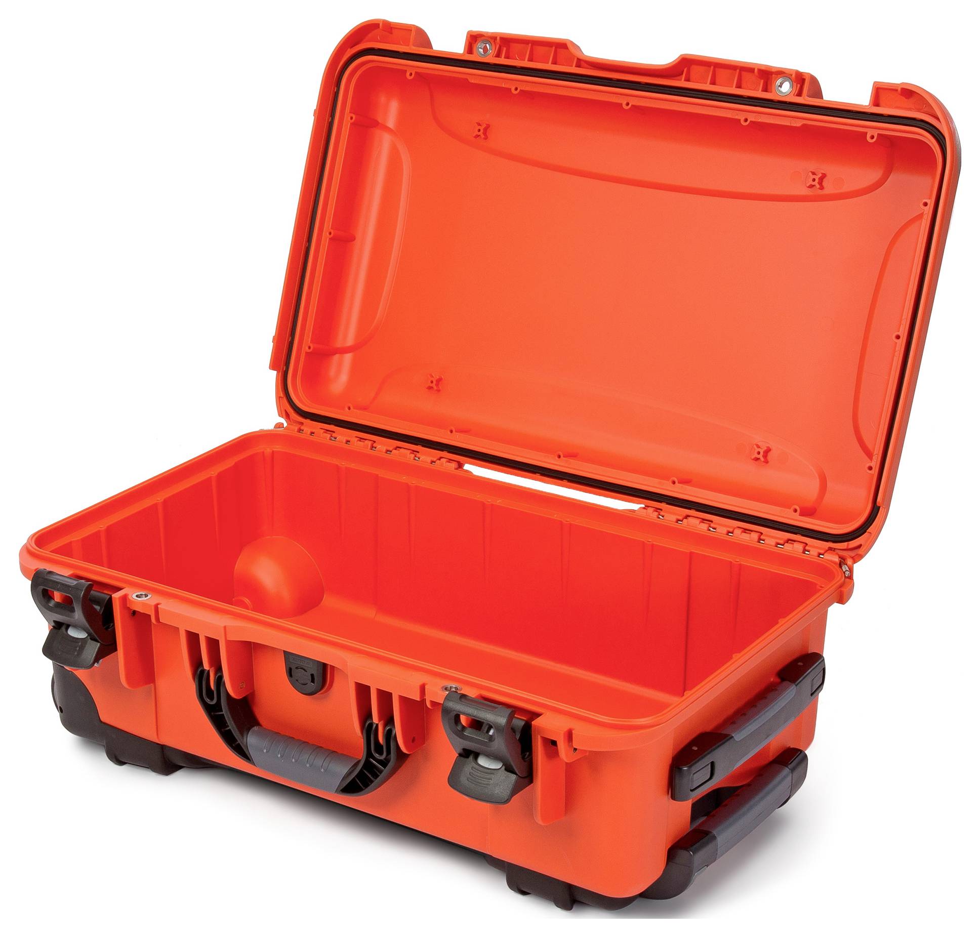 Open, robust, orange suitcase with a black handle and locks, suitable for the secure transportation of sensitive equipment.