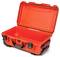 Open, robust, orange suitcase with a black handle and locks, suitable for the secure transportation of sensitive equipment.