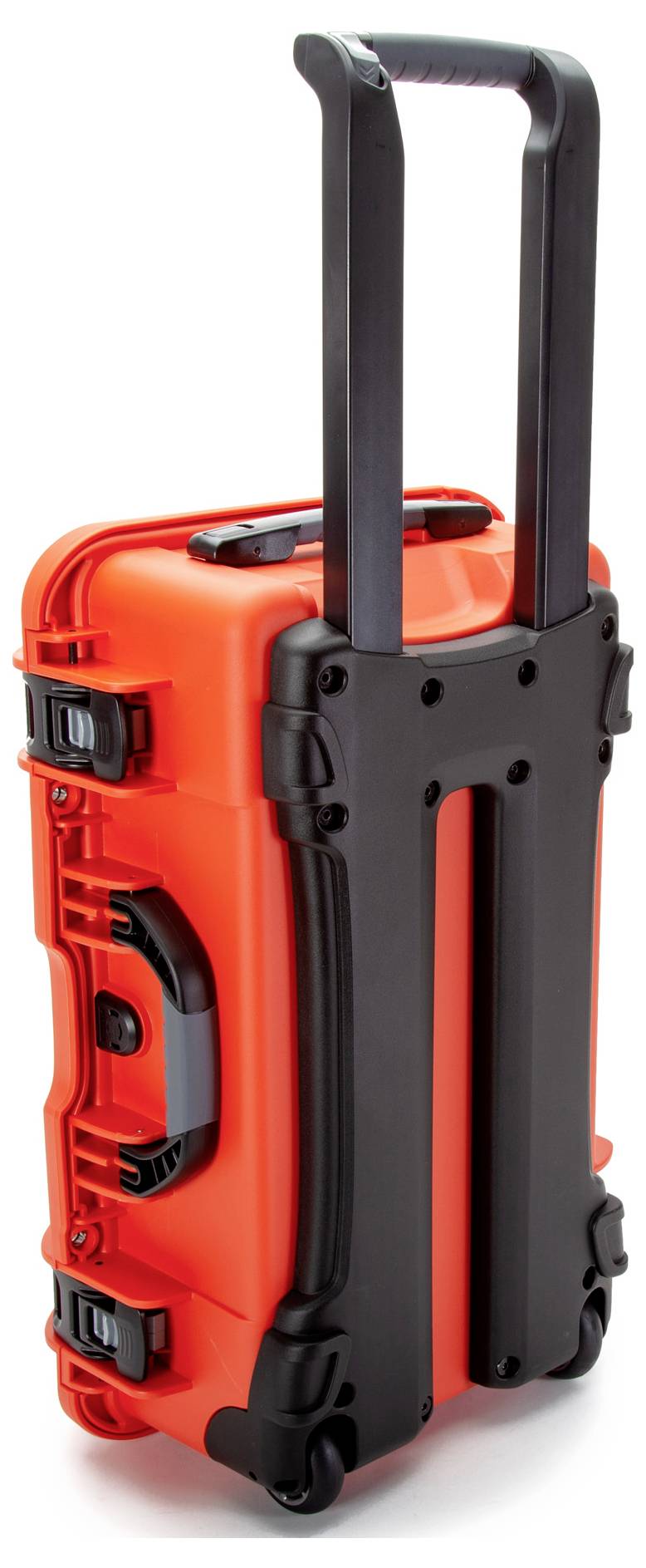 A red, robust suitcase with black handles and wheels. It is positioned upright and has an extendable handle for pulling.