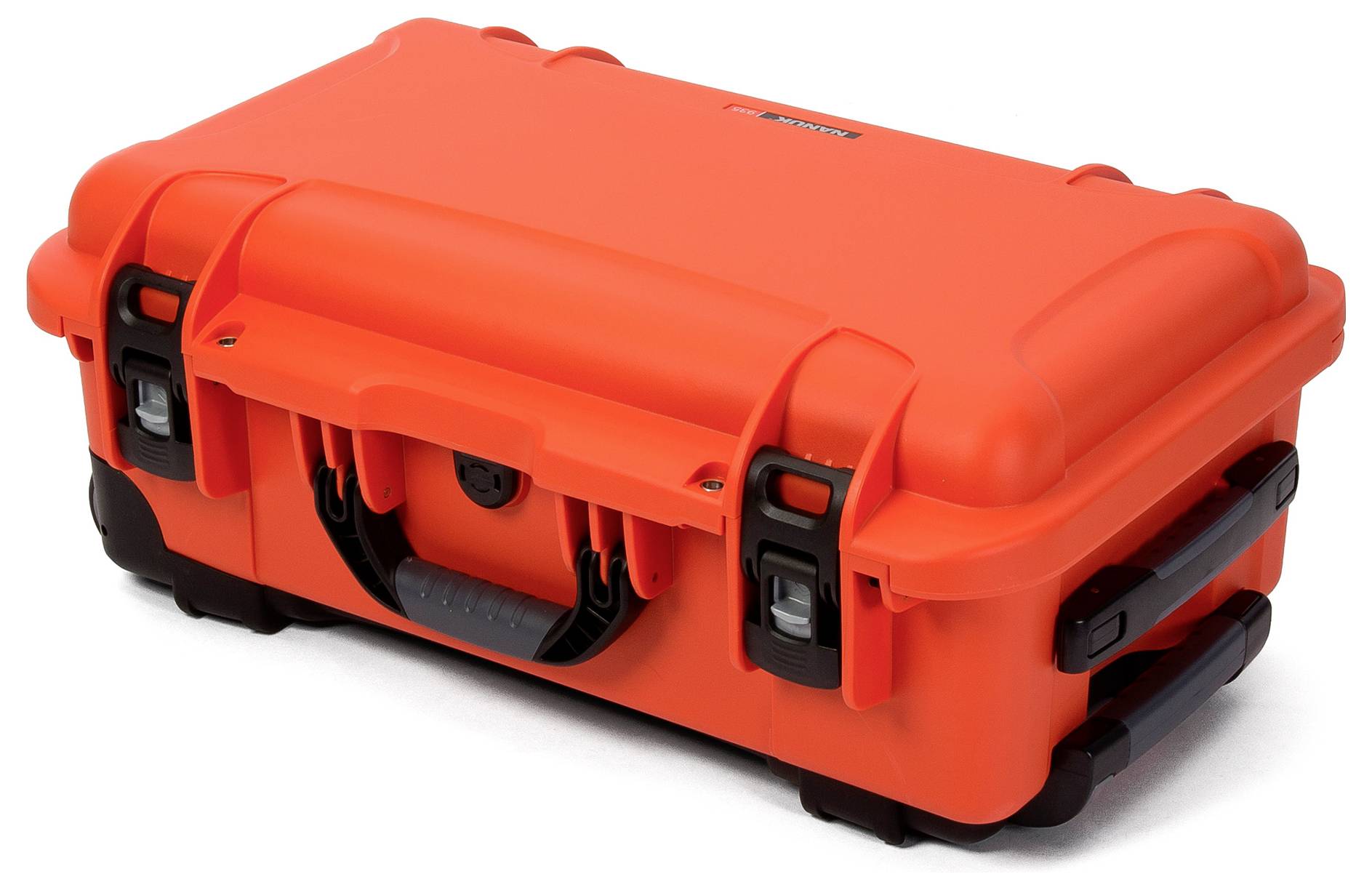 A sturdy, orange protective case with black locks and handles, perfect for transporting delicate equipment.