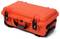 A sturdy, orange protective case with black locks and handles, perfect for transporting delicate equipment.