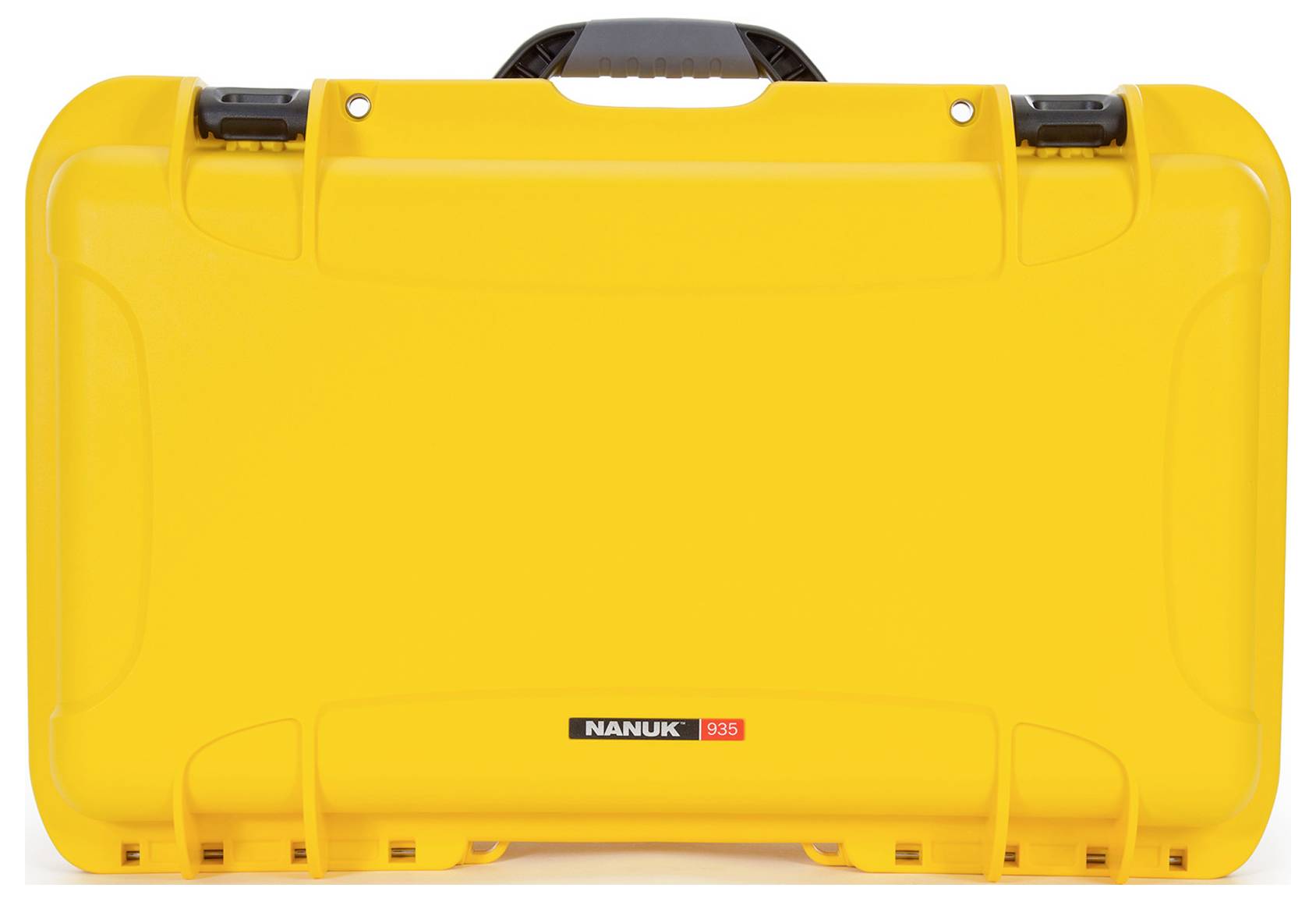A yellow hard-shell suitcase with a handle, looking sturdy and suitable for travel. Marked with 'Nanuk 935' on the front.