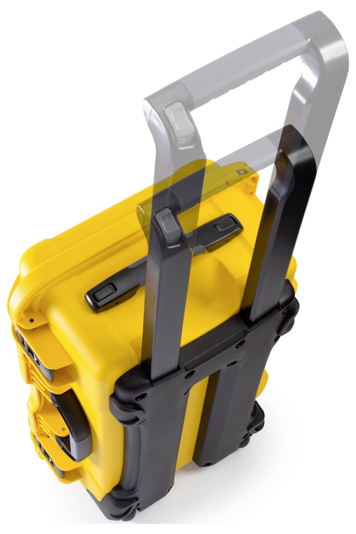 Yellow, robust suitcase with telescopic handle, ideal for the secure transportation of delicate equipment or tools.