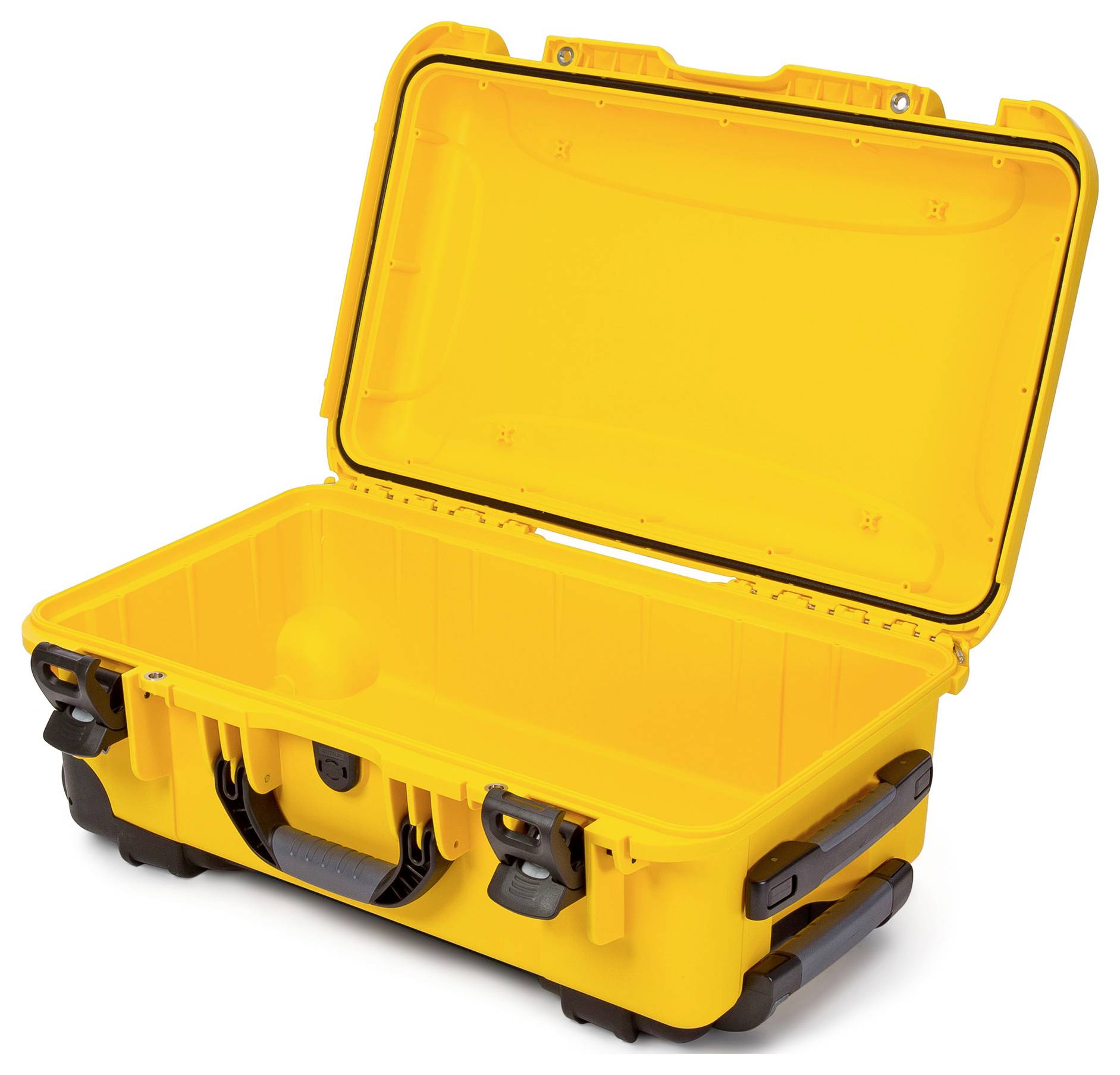 Yellow, open suitcase with sturdy handles and locks, empty interior space, suitable for securely transporting delicate items.