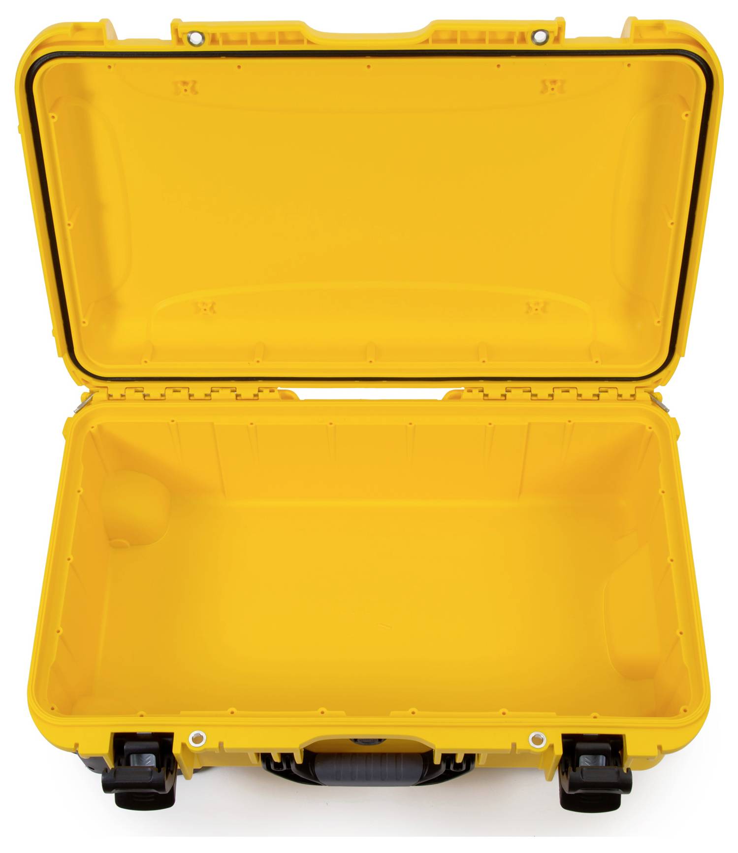 An open, yellow hard-shell suitcase with a black fastening and carry handle, empty interior visible.