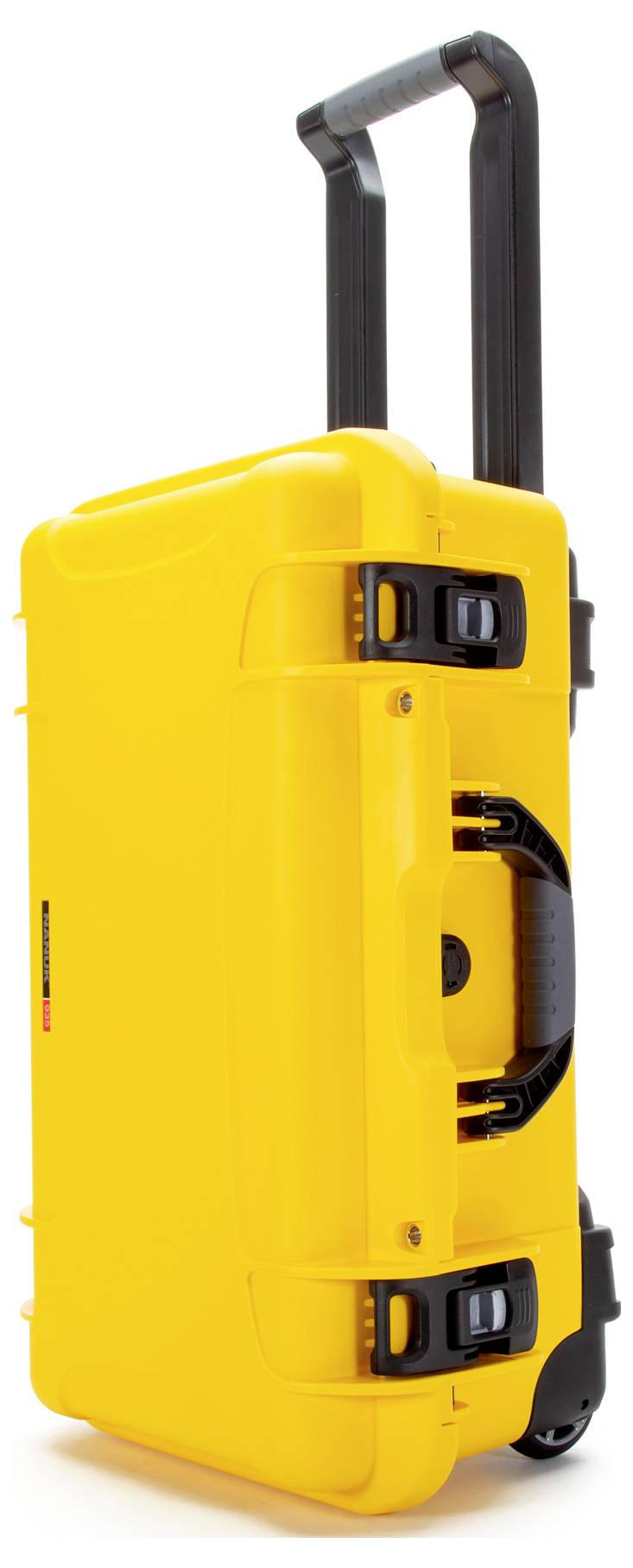 Yellow rolling suitcase with a black handle and wheels, standing vertically. It has robust security locks and a compact design.