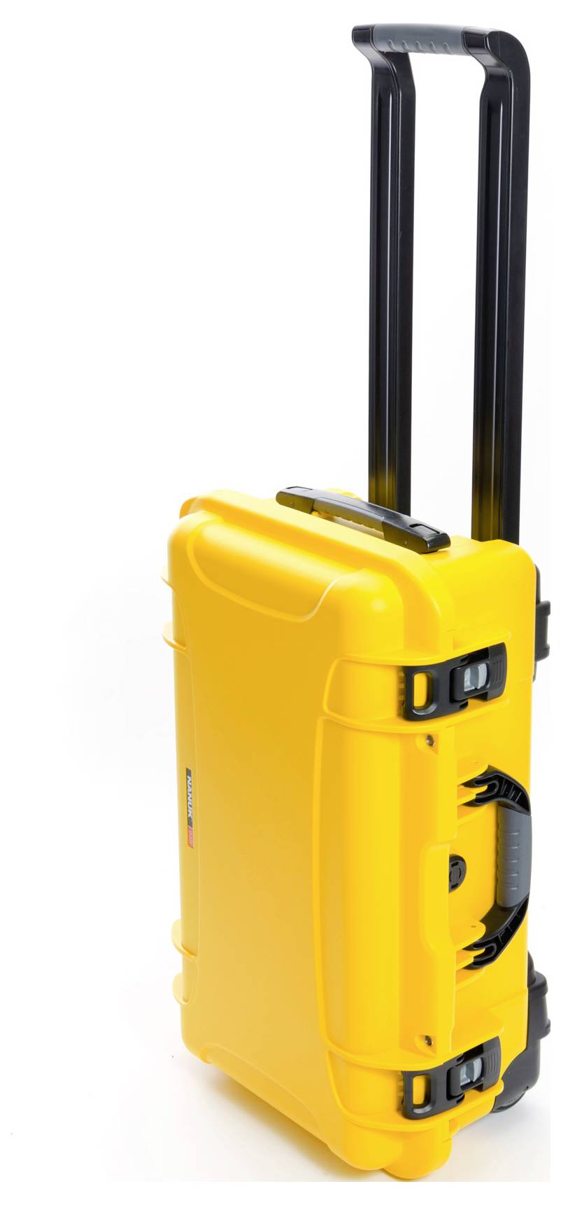 A yellow wheeled suitcase with an extendable handle, suitable for travel. Robust and compact, ideal for secure luggage transportation.