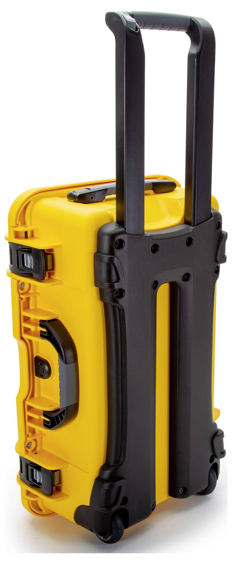 Yellow, robust rolling suitcase with a black handle and wheels, suitable for transporting delicate equipment.