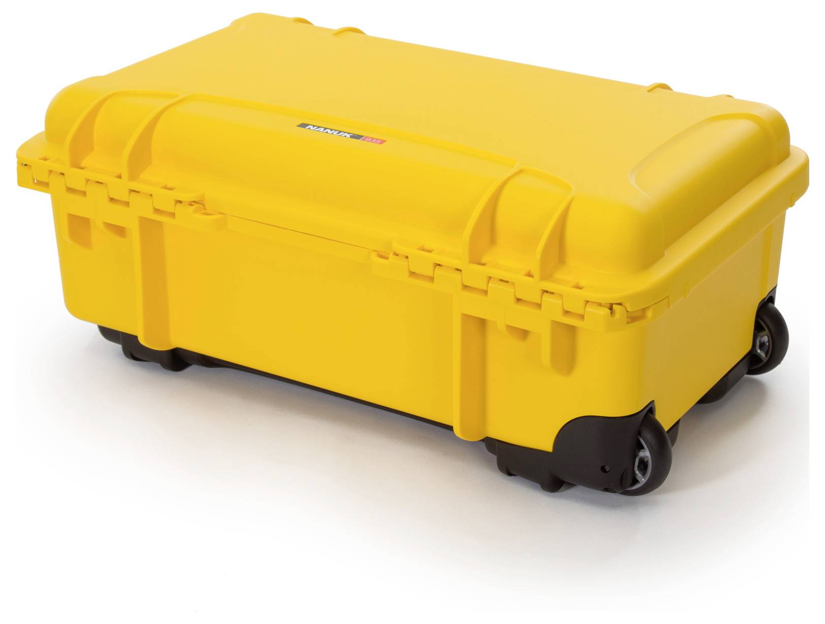 Yellow, robust wheeled suitcase with rounded corners, suitable for safely transporting delicate items.
