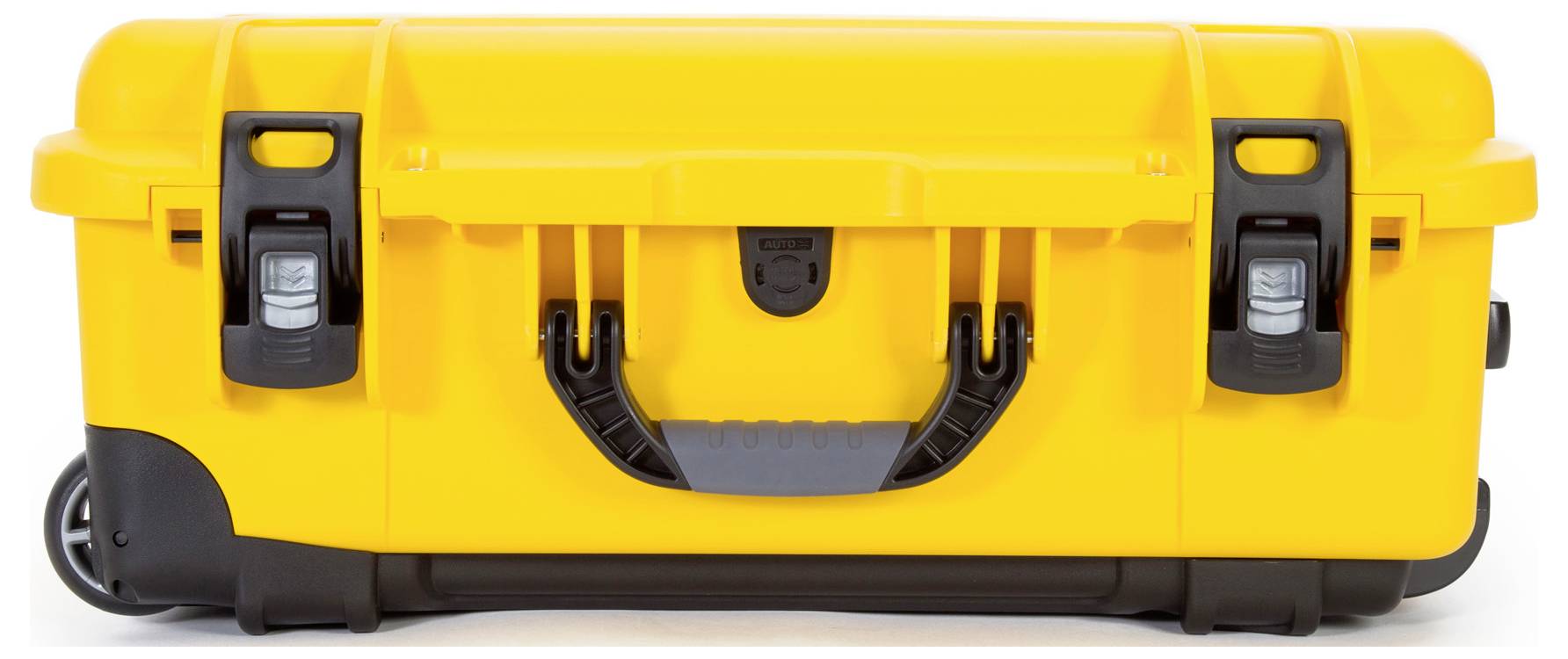 Yellow, robust hard-shell suitcase with two latches at the front and a handle, suitable for the secure transportation of delicate items.