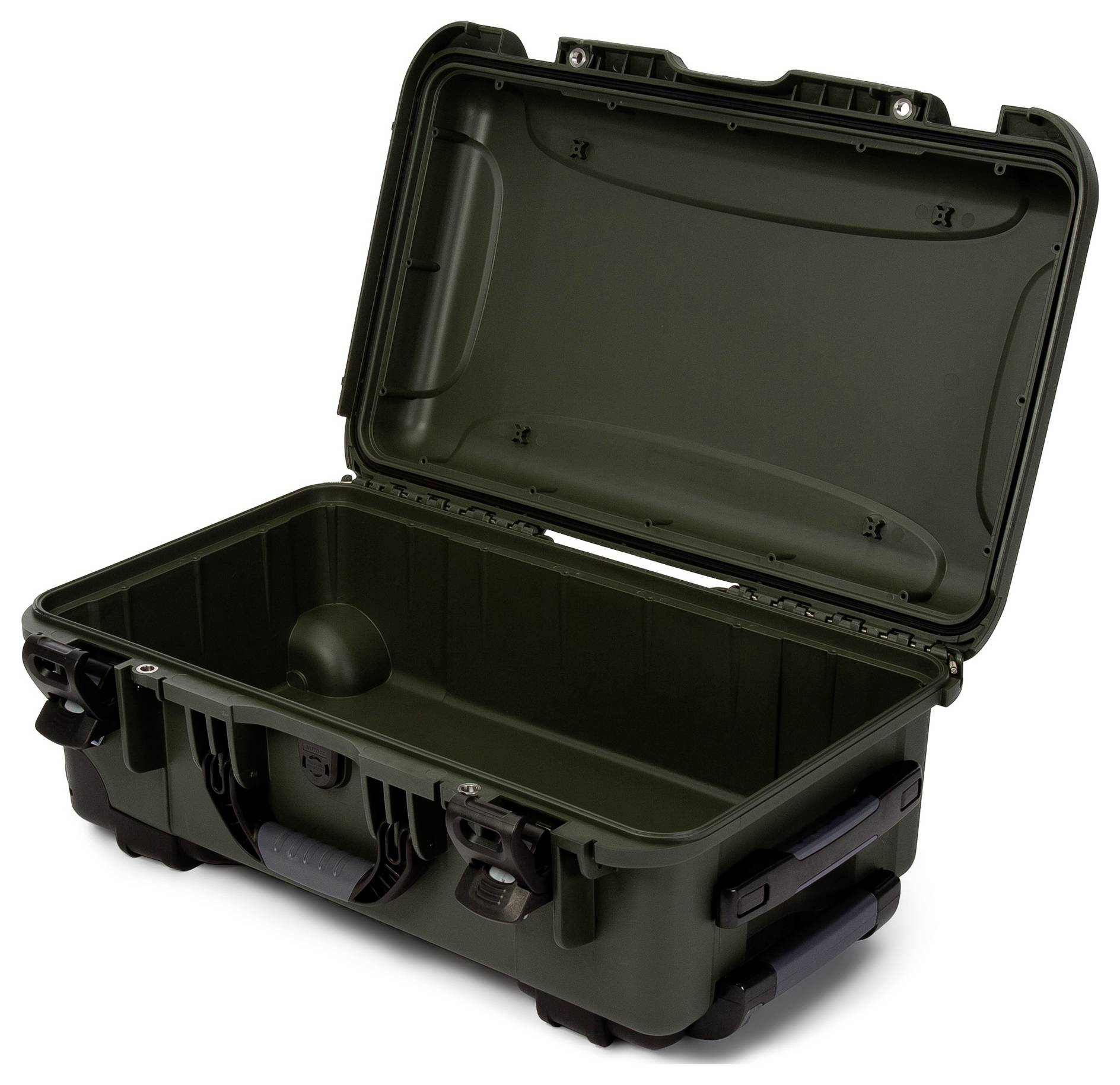Opened, robust black transport case with foam padding, suitable for safely transporting delicate equipment.