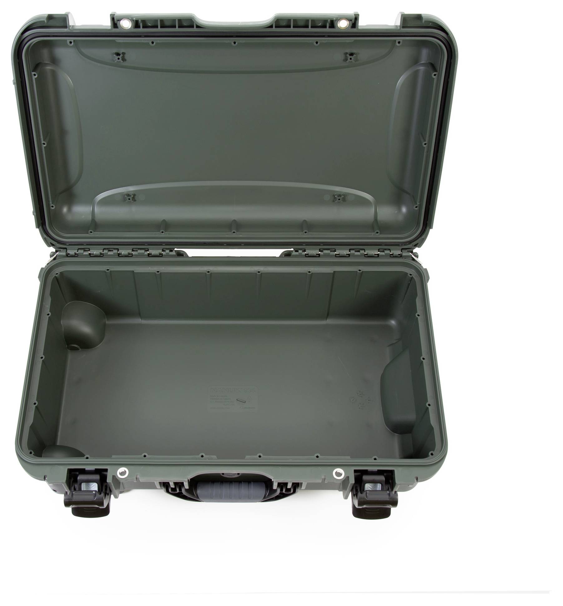 A vacant, open, green hard-shell suitcase with robust locks and a carry handle, suitable for secure transportation.