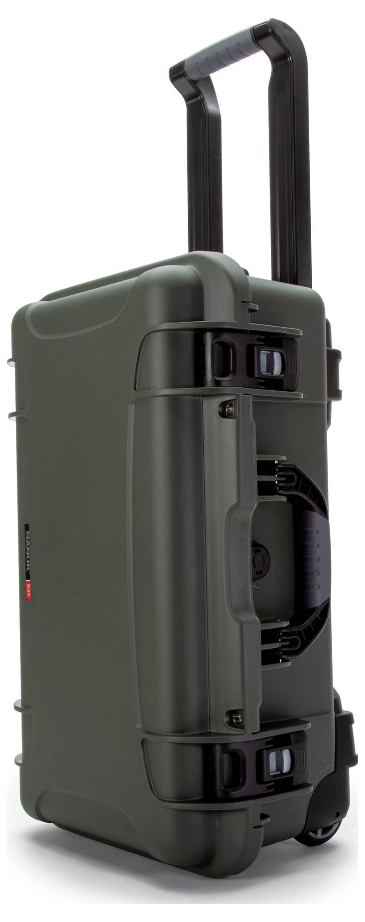 Hard-shell suitcase, black, with telescopic handle and sturdy wheels, standing upright. Suitable for secure transportation of delicate equipment.