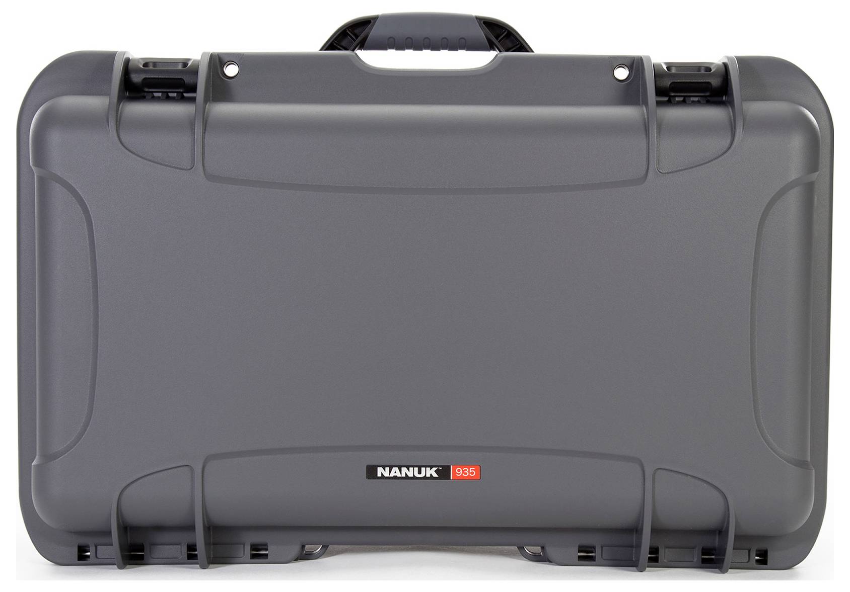 Grey, robust suitcase with black handle, presented by the brand 'NANUK'.