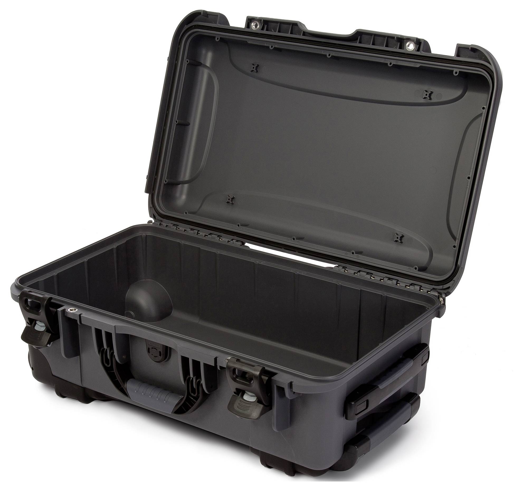 A robust, open, empty black hard-shell suitcase with a sturdy design, suitable for protecting and transporting delicate equipment.