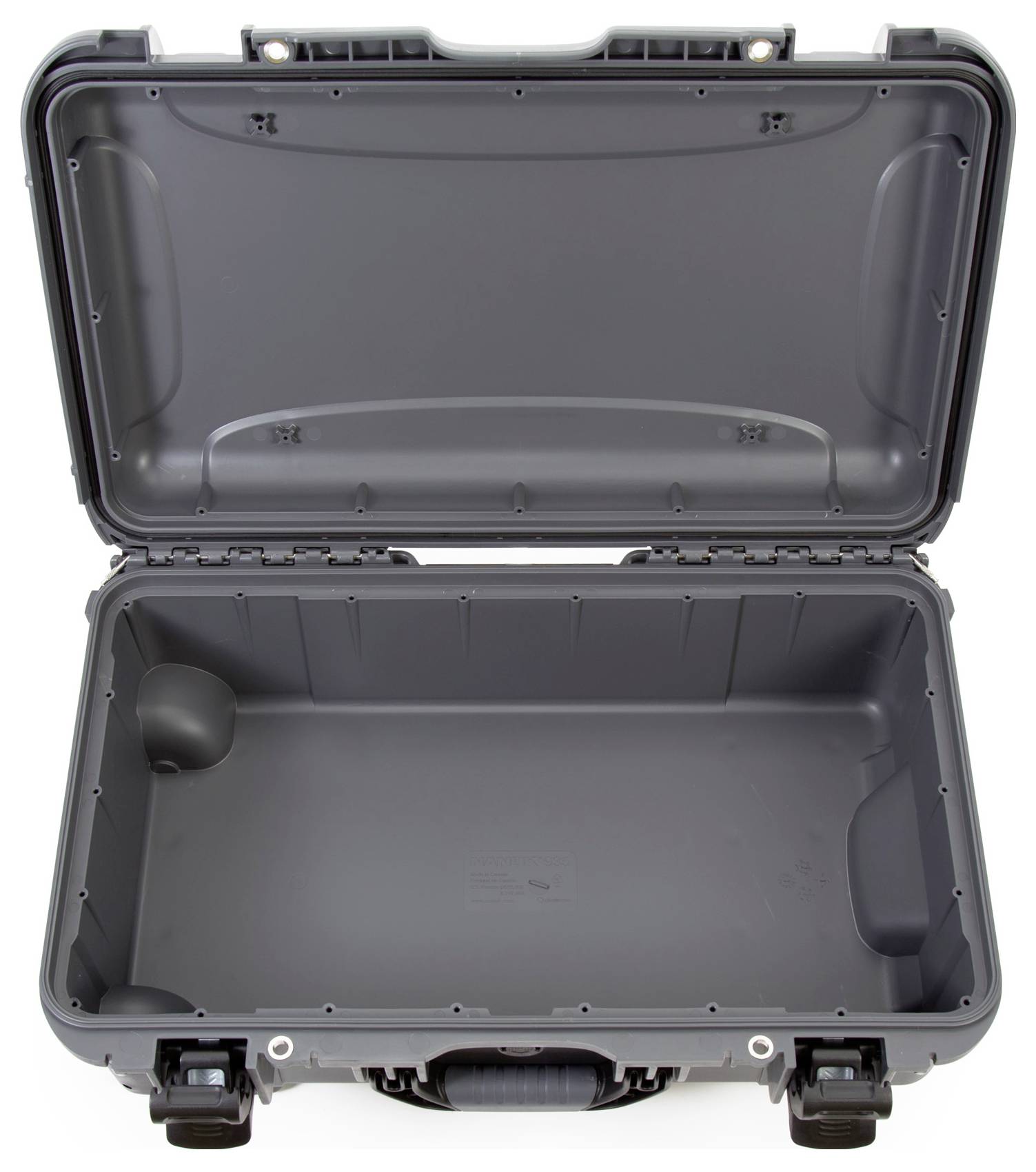 A large, open, empty black hard-plastic case with a robust design and two latches on the front.