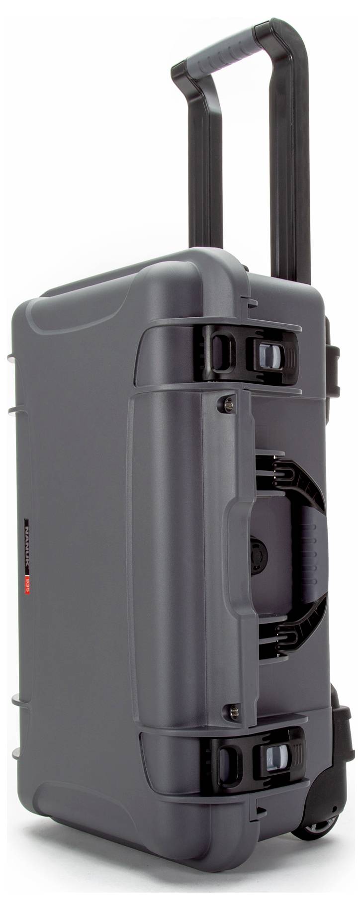 Grey rolling hard-shell suitcase with sturdy handle, suitable for secure transportation. Ideal for travel or equipment protection.