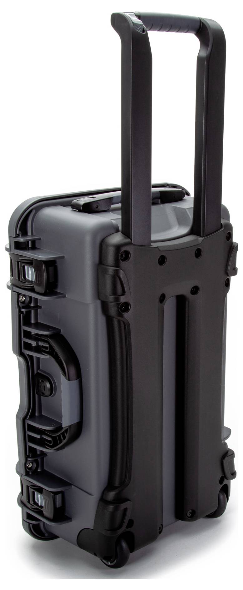 Black, robust rolling suitcase with extendable handle and wheels. Suitable for safely transporting delicate equipment.