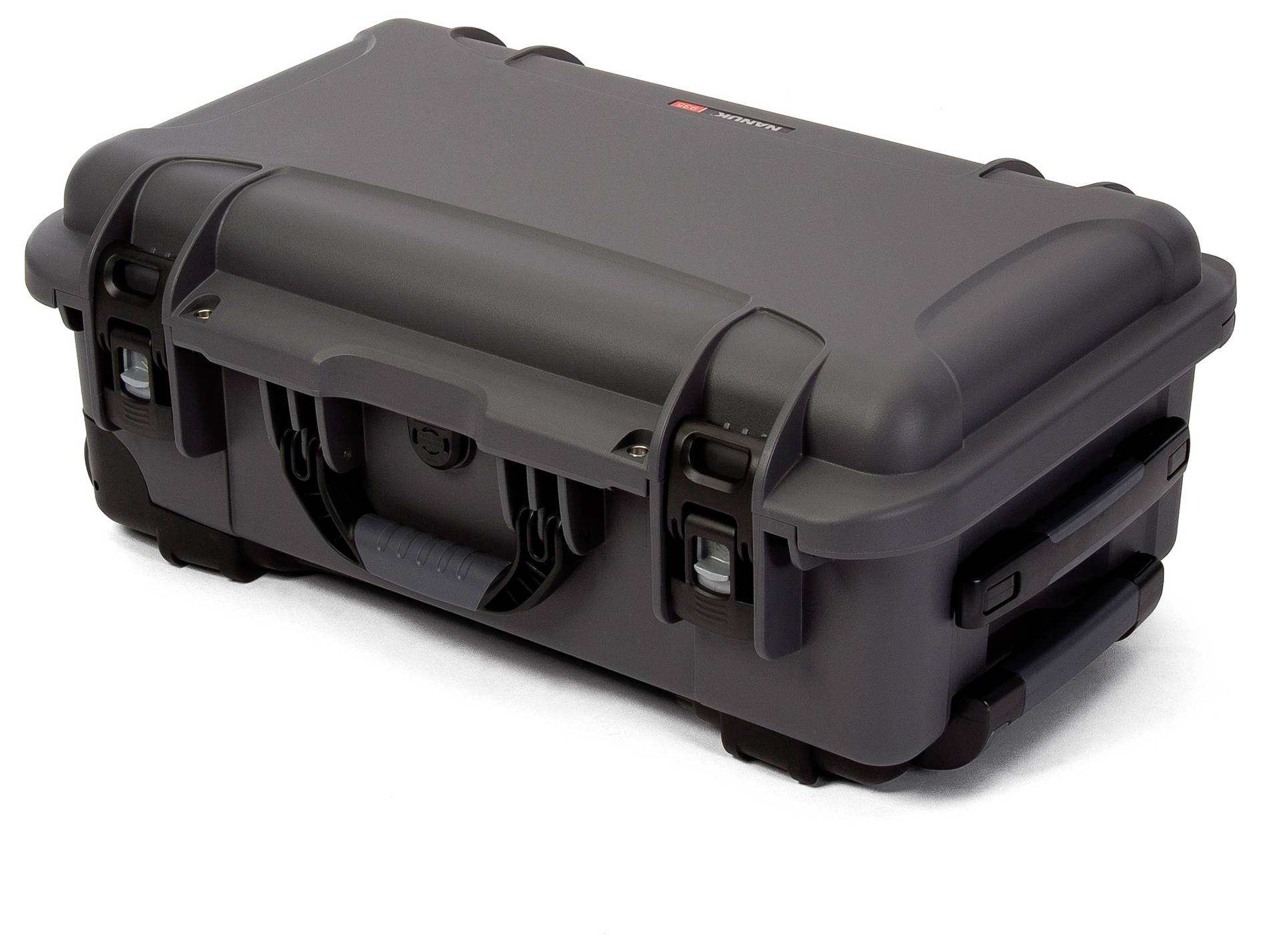 Black, robust hard-shell suitcase with handles and locks, suitable for the secure transportation of sensitive equipment.