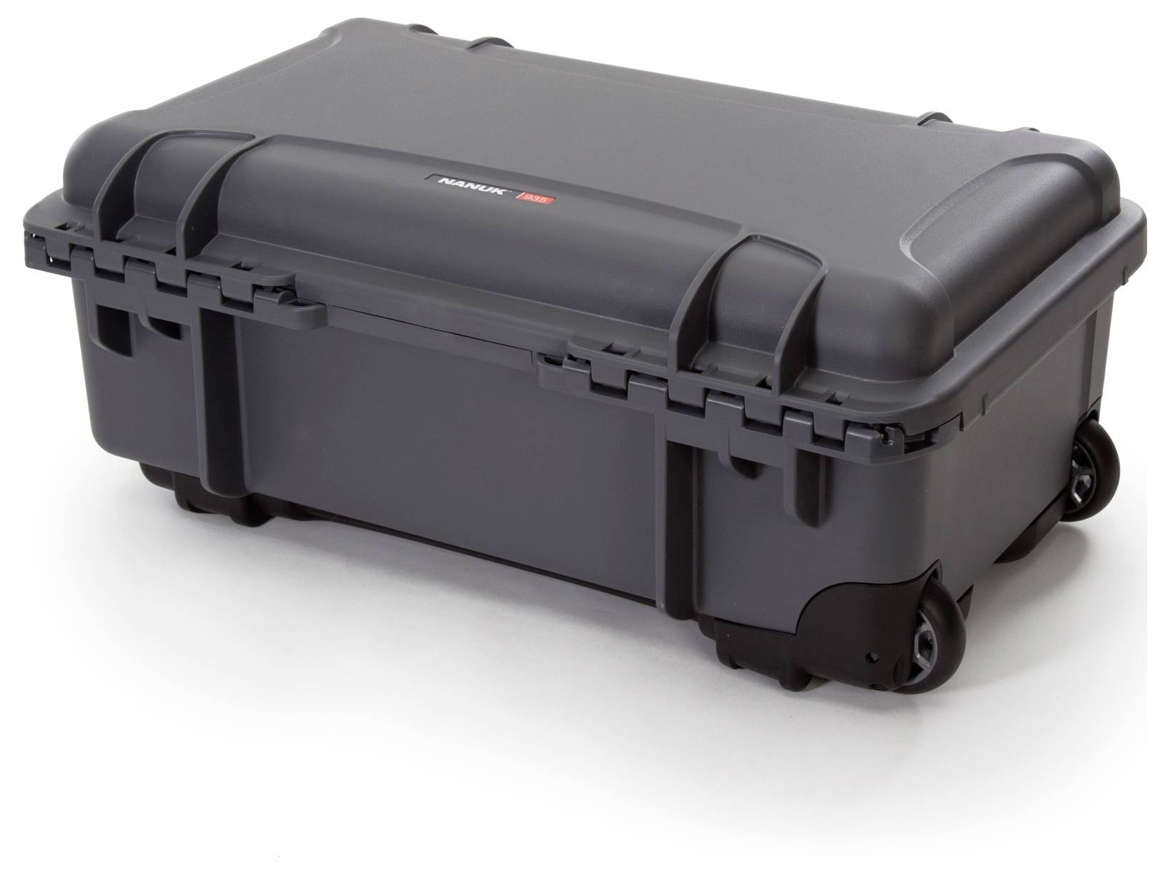 A black, robust transport case with wheels. Suitable for the secure transportation of delicate equipment.