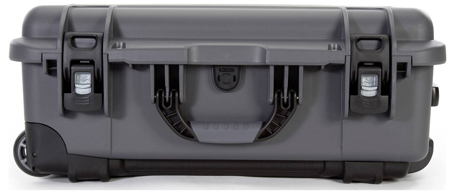 A black, robust suitcase with a carry handle and locks, mounted on wheels. Ideal for transporting delicate equipment.