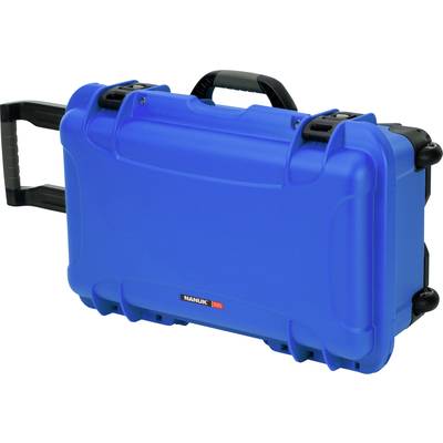 A blue, robust rolling suitcase with handle and locks, suitable for the secure transportation of delicate equipment.
