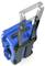 Blue trolley suitcase with telescopic handle, side view.