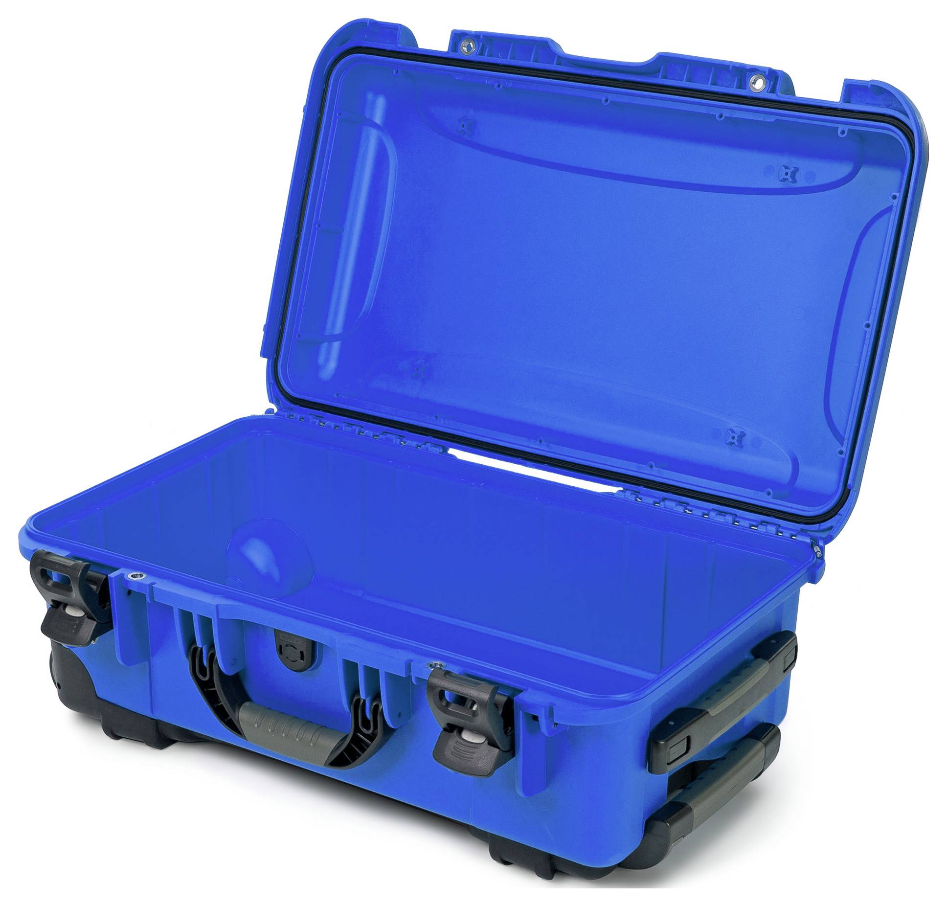 An opened blue hard-shell suitcase with sturdy locks and a padded handle, with its empty interior visible.