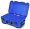 An opened blue hard-shell suitcase with sturdy locks and a padded handle, with its empty interior visible.