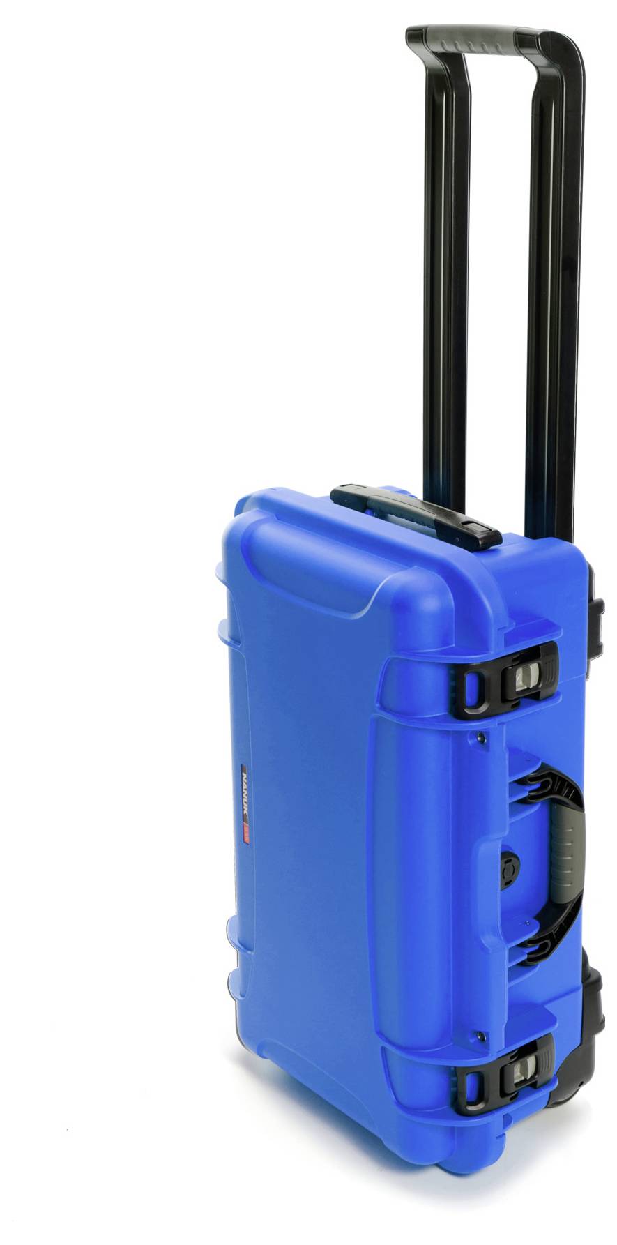 A navy blue hardshell trolley suitcase with an extendable handle and side carry handle, standing upright.