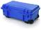 Blue, robust rolling suitcase with a smooth surface and 4 small wheels on the underside. Suitable for secure transport.