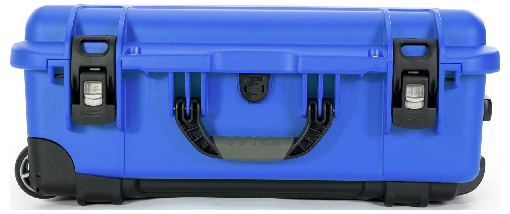 Blue, robust hard-shell suitcase with black locks, carry handle and wheels; suitable for secure transportation of delicate equipment.