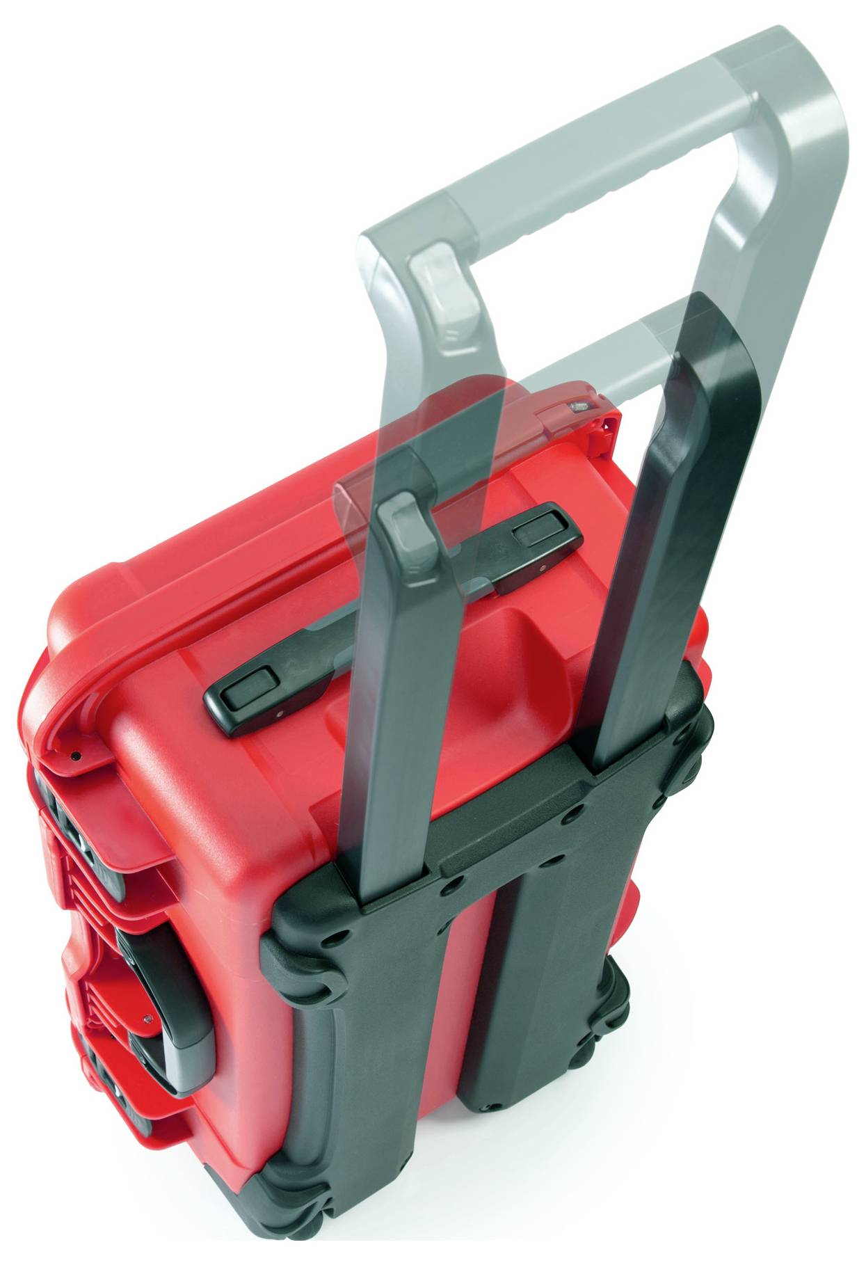 Red toolbox on wheels with extendable handle, photographed from above.