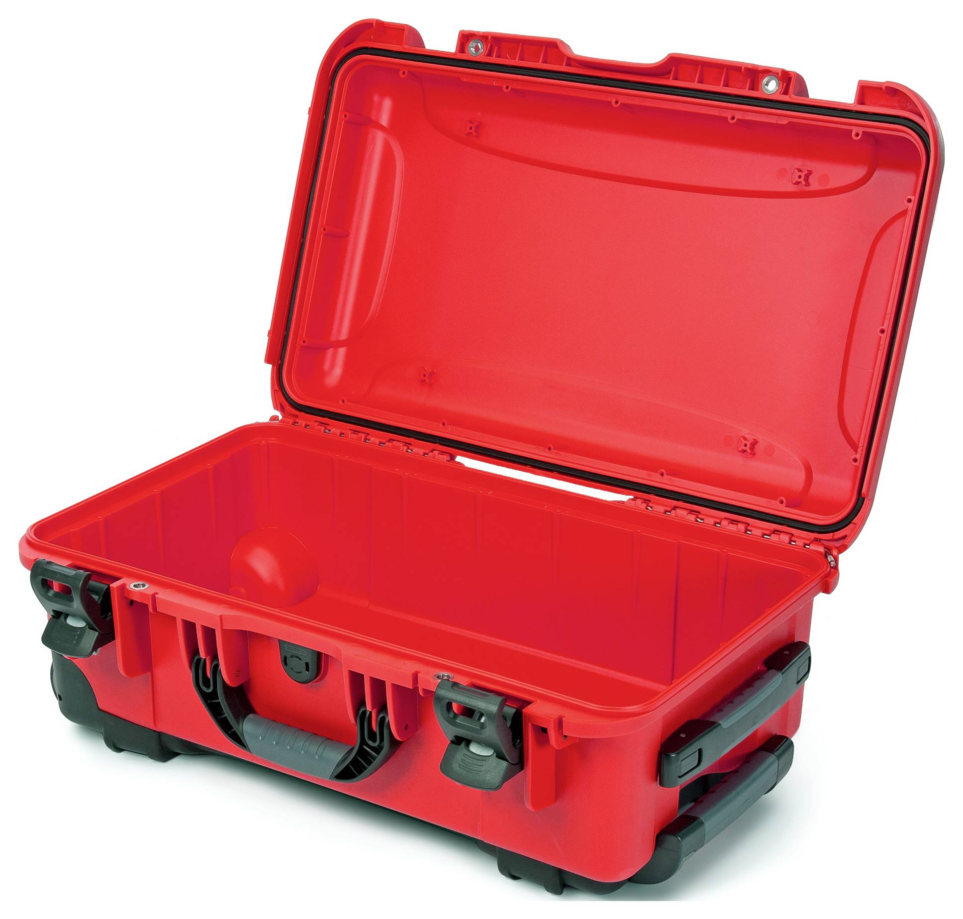 Red, open protective case with a black handle and fastenings, suitable for the safe transport of delicate items.