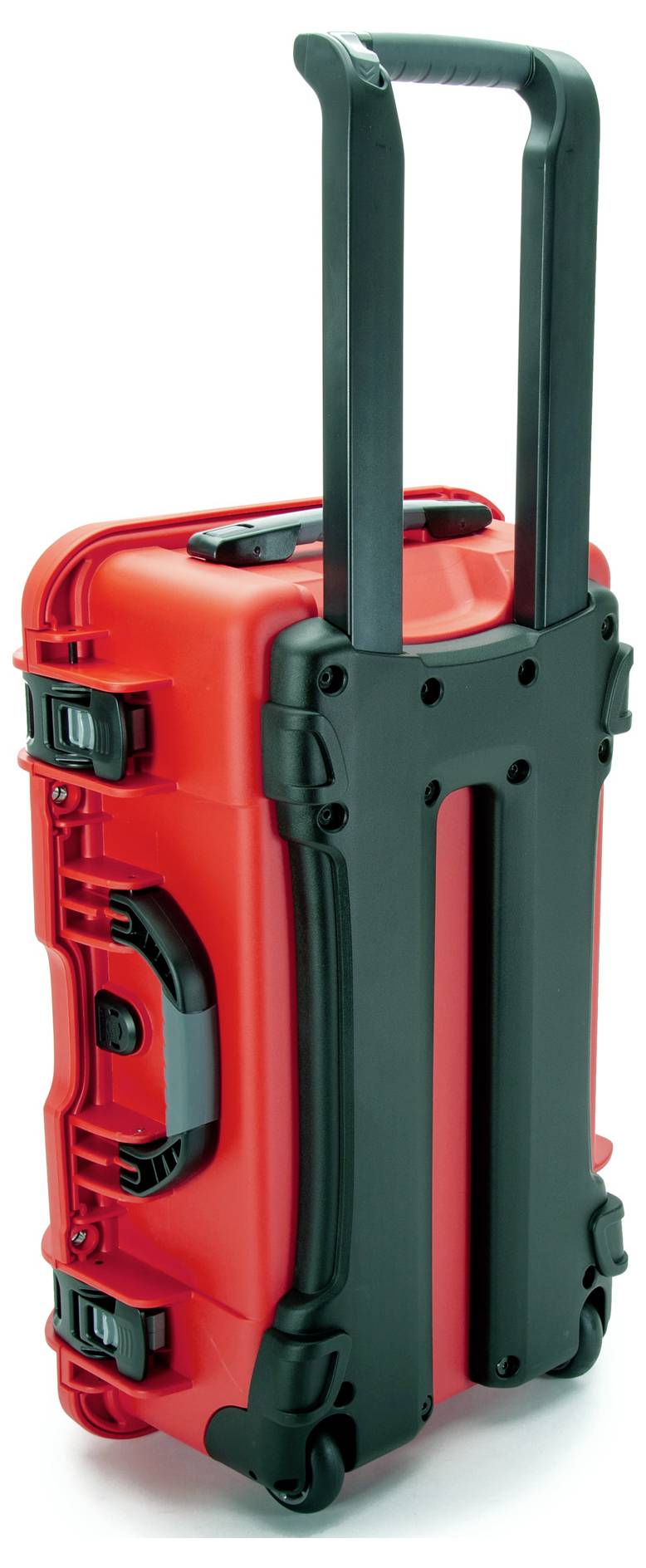 Red hard-shell suitcase with black extendable handle and wheels, suitable for transporting delicate equipment.