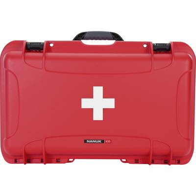 Red first aid box with white cross on the front.