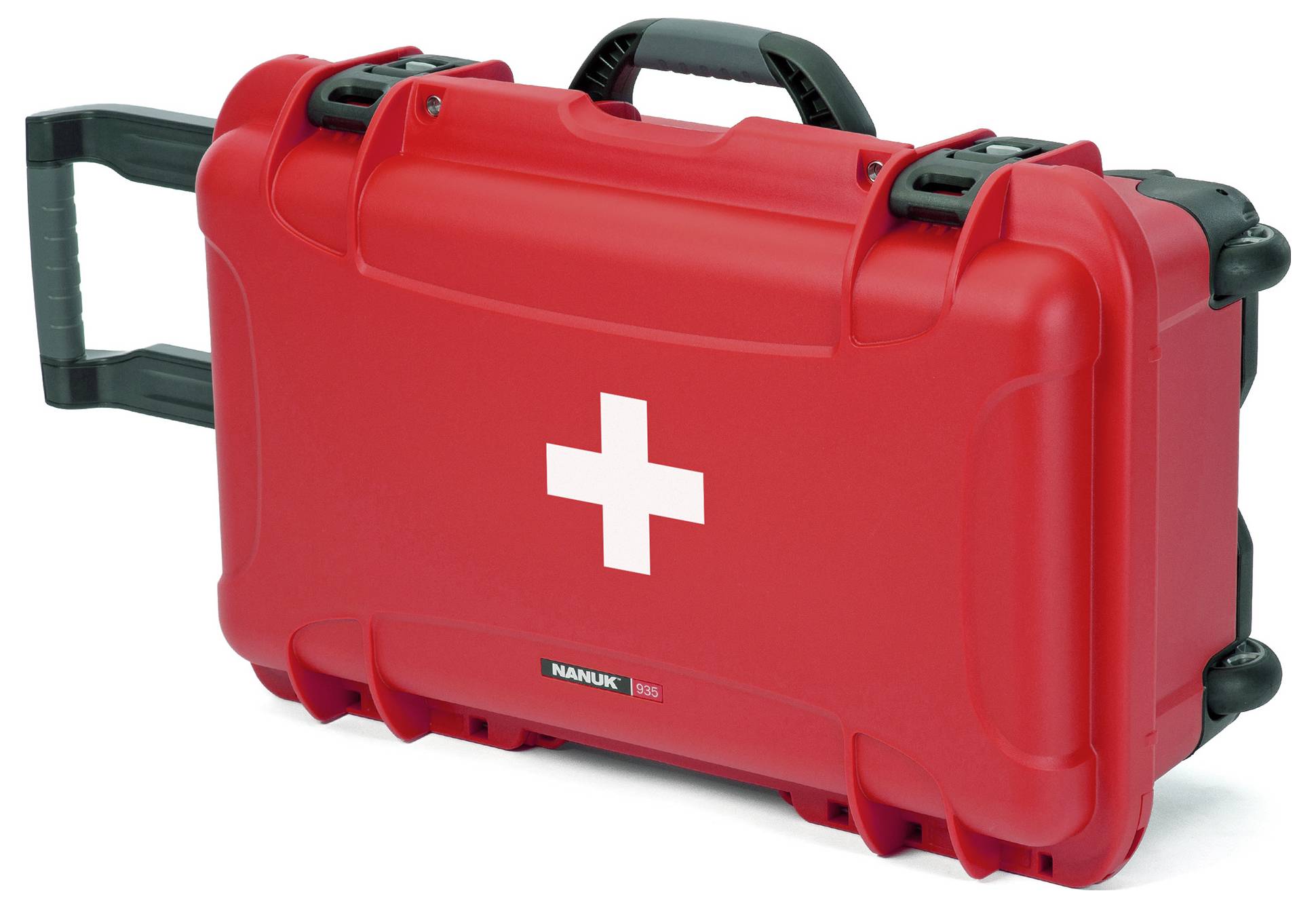 Red first aid box with white cross symbol.