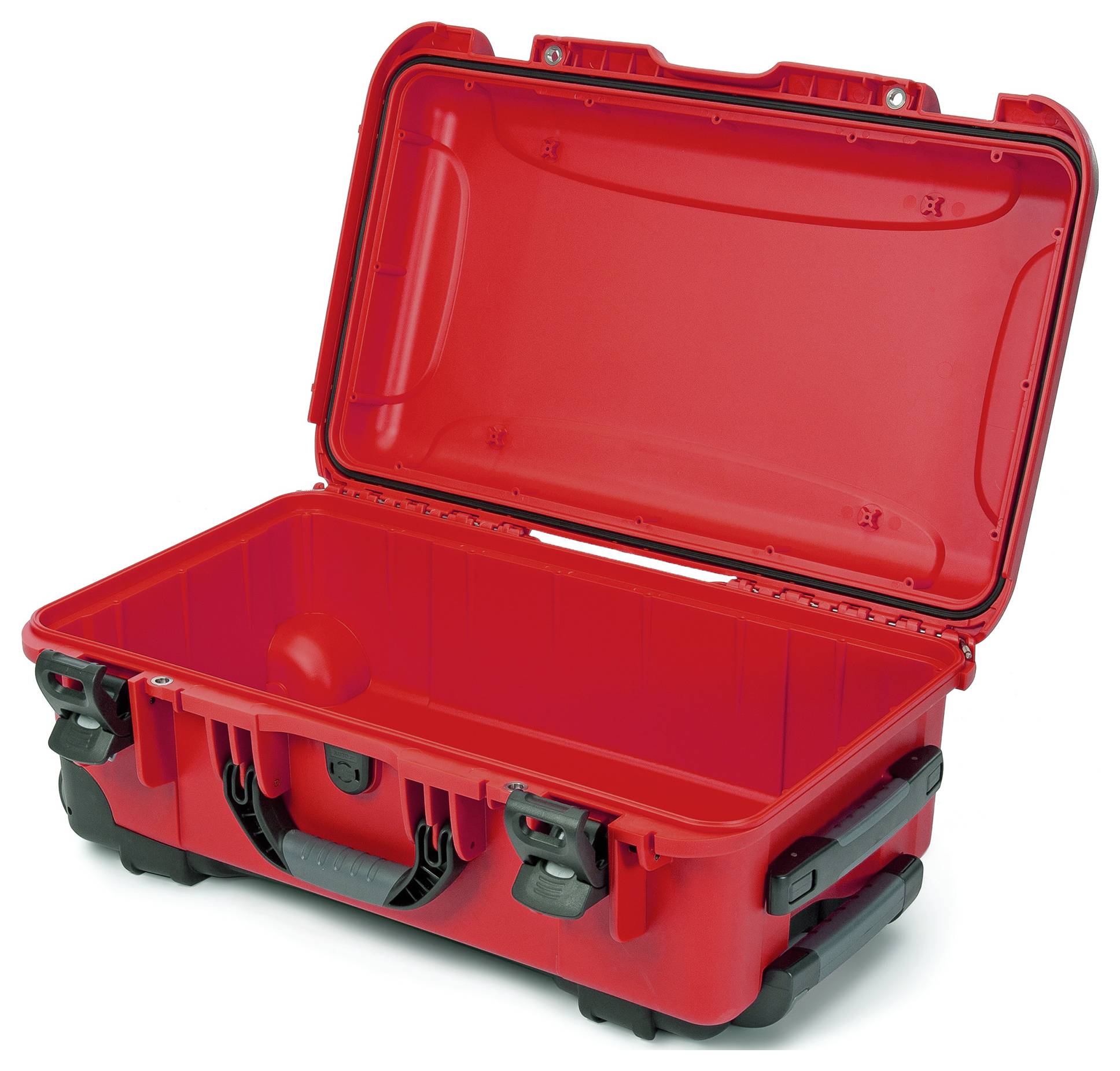 A vacant, open, red hard-shell suitcase with a black handle and fastenings.