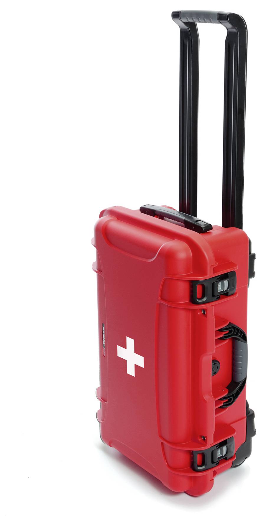 A red suitcase with white cross symbols and a black handle, possibly for medical emergency equipment.