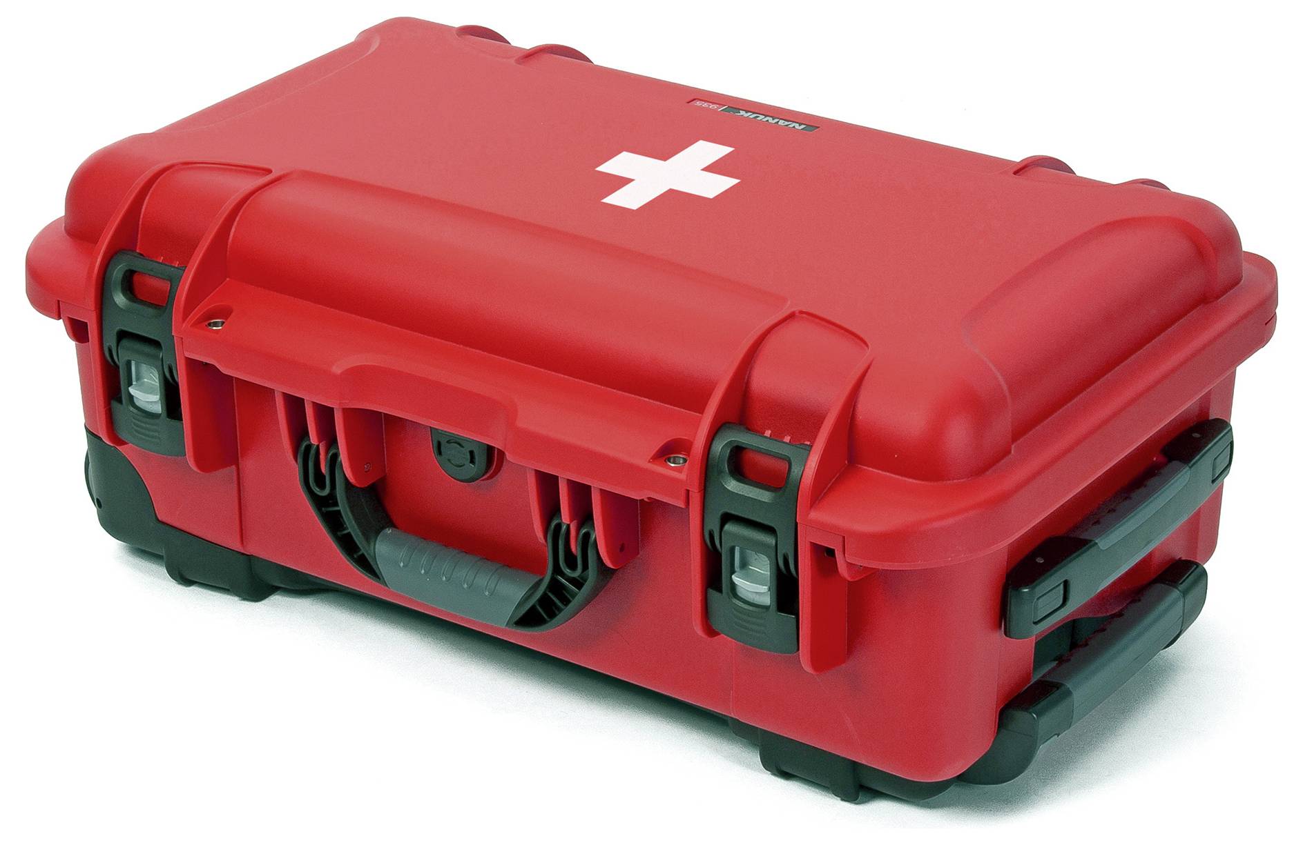 Red first aid box with white cross, closed, with side handles, symbol for emergency equipment.