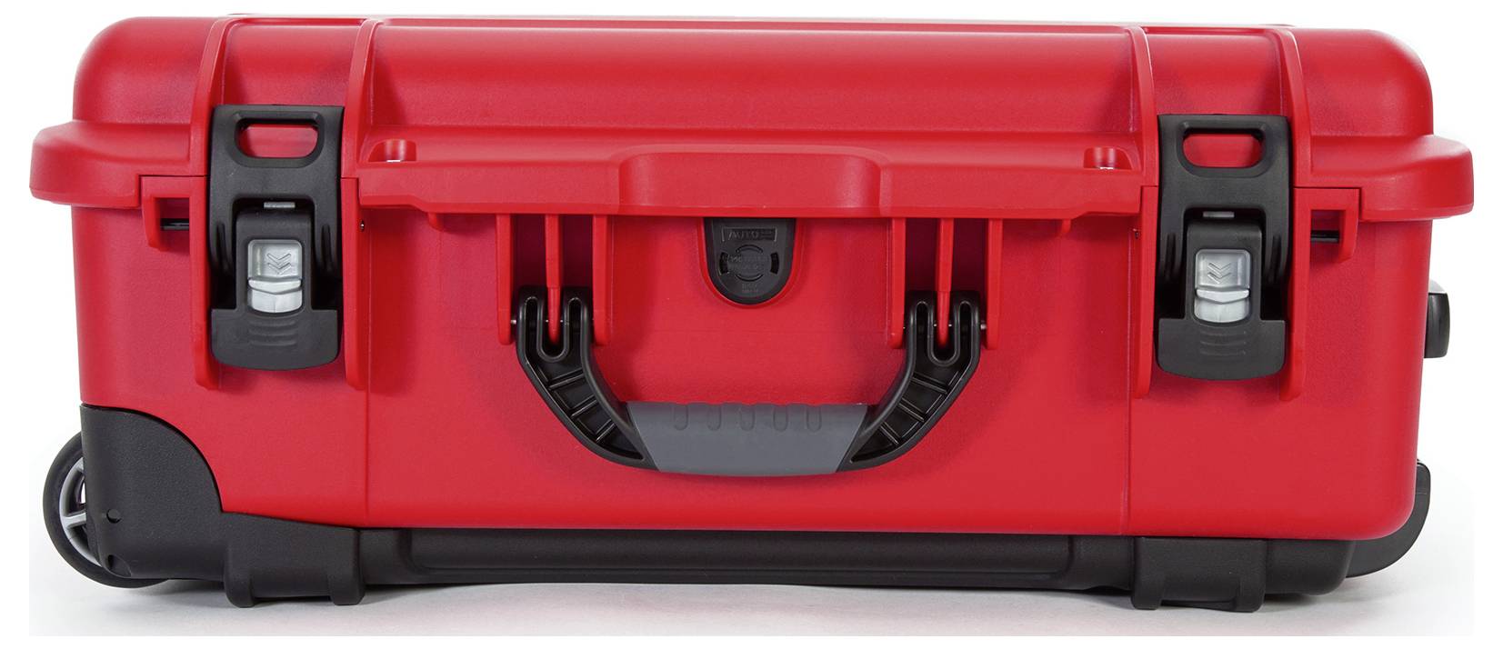 A red, sturdy rolling suitcase with black clasps and handles, suitable for the secure transportation of delicate items.