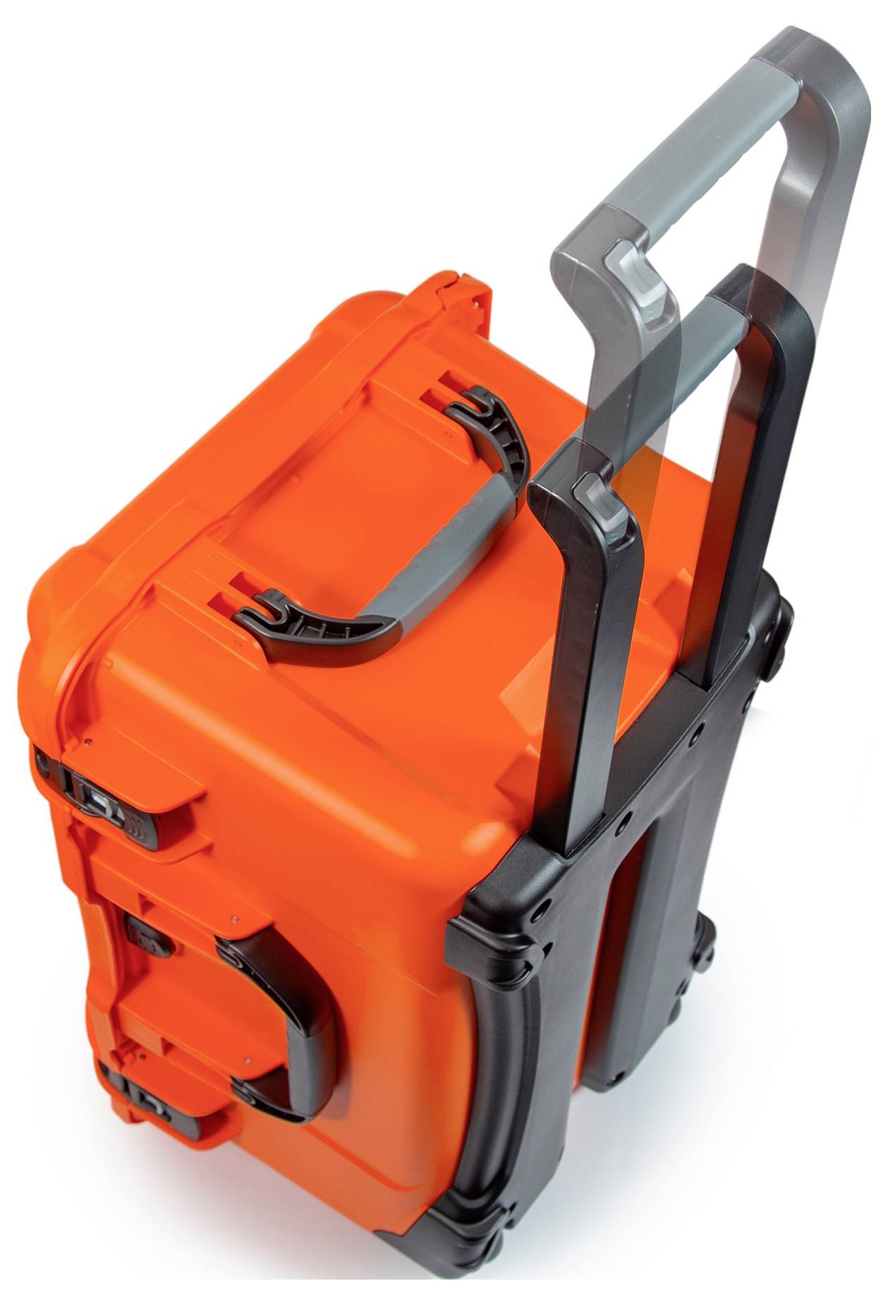 A robust, orange suitcase with a black handle and wheels. The suitcase appears sturdy and suitable for transportation.