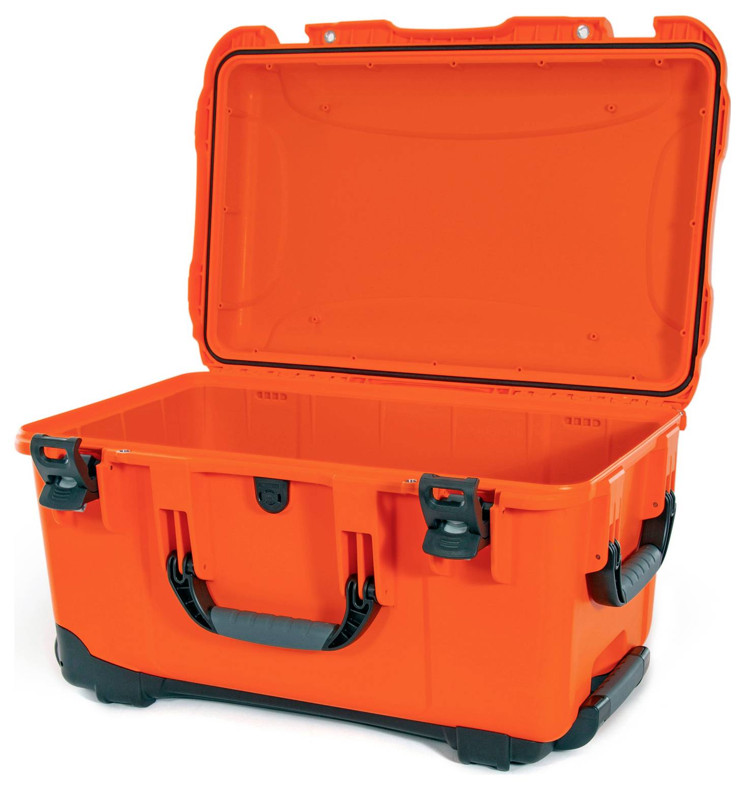 A large, robust orange suitcase with its lid open. The suitcase has a handle on the front and is empty.