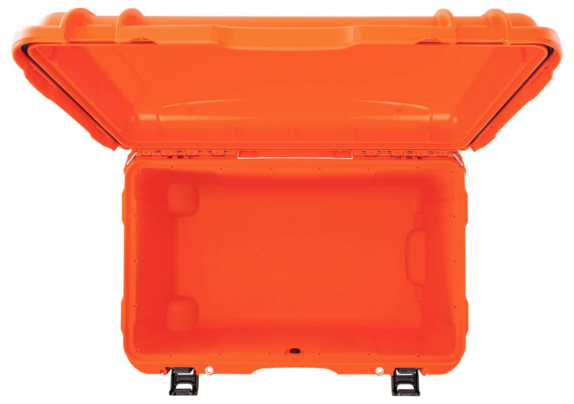 Orange, open suitcase with foam padding.