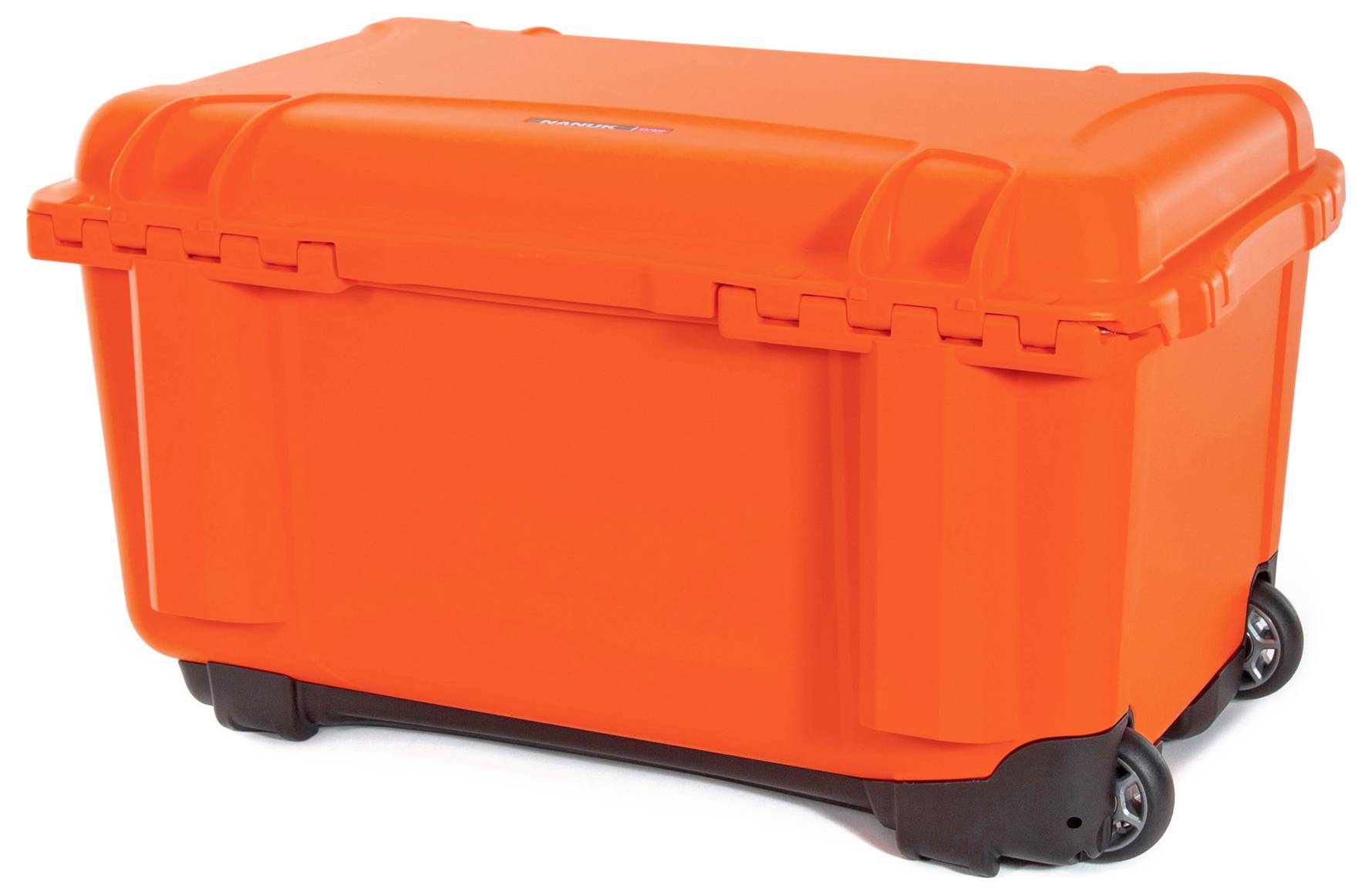 An orange, robust transport container with wheels, suitable for secure transportation or storage.