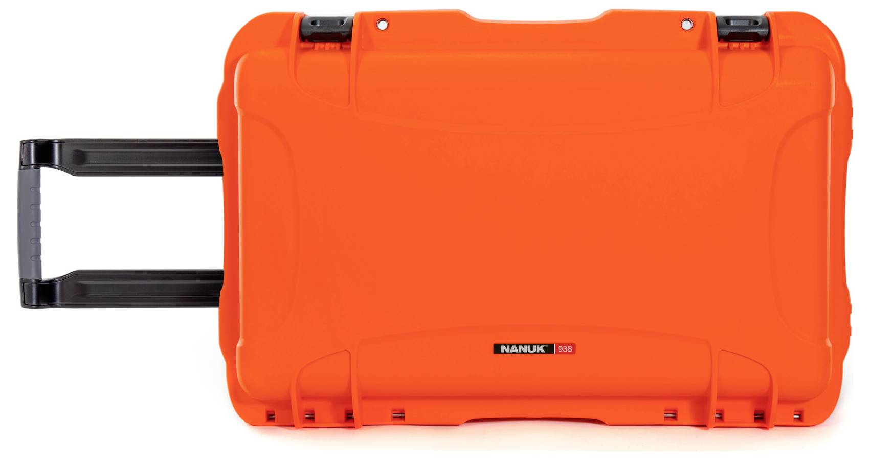 A bright orange wheeled suitcase with an extendable handle, manufactured by Nanuk, suitable for rugged outdoor travel.