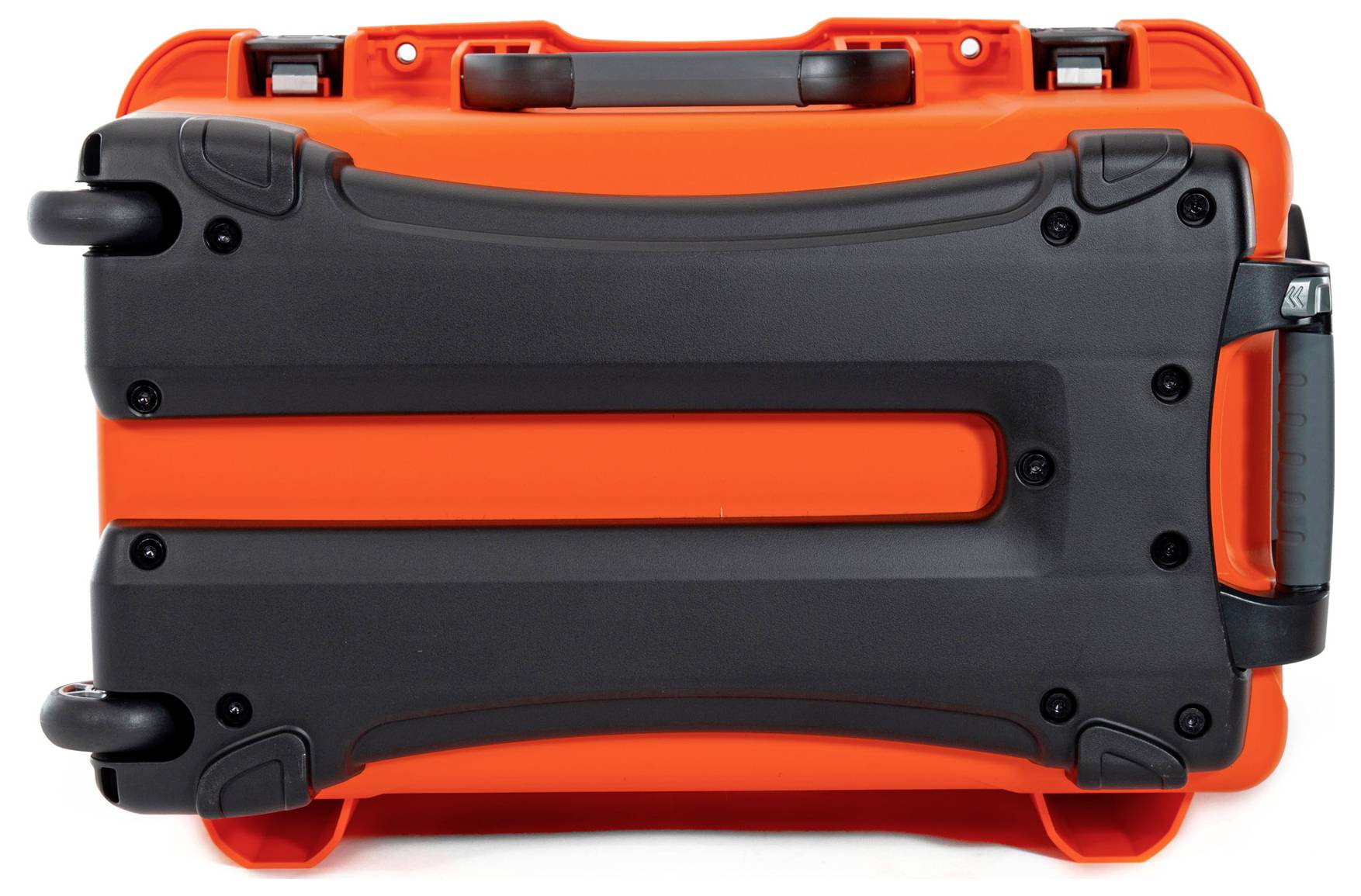 A sturdy, orange suitcase is fitted with black reinforcements at the corners. It has wheels and a side handle.