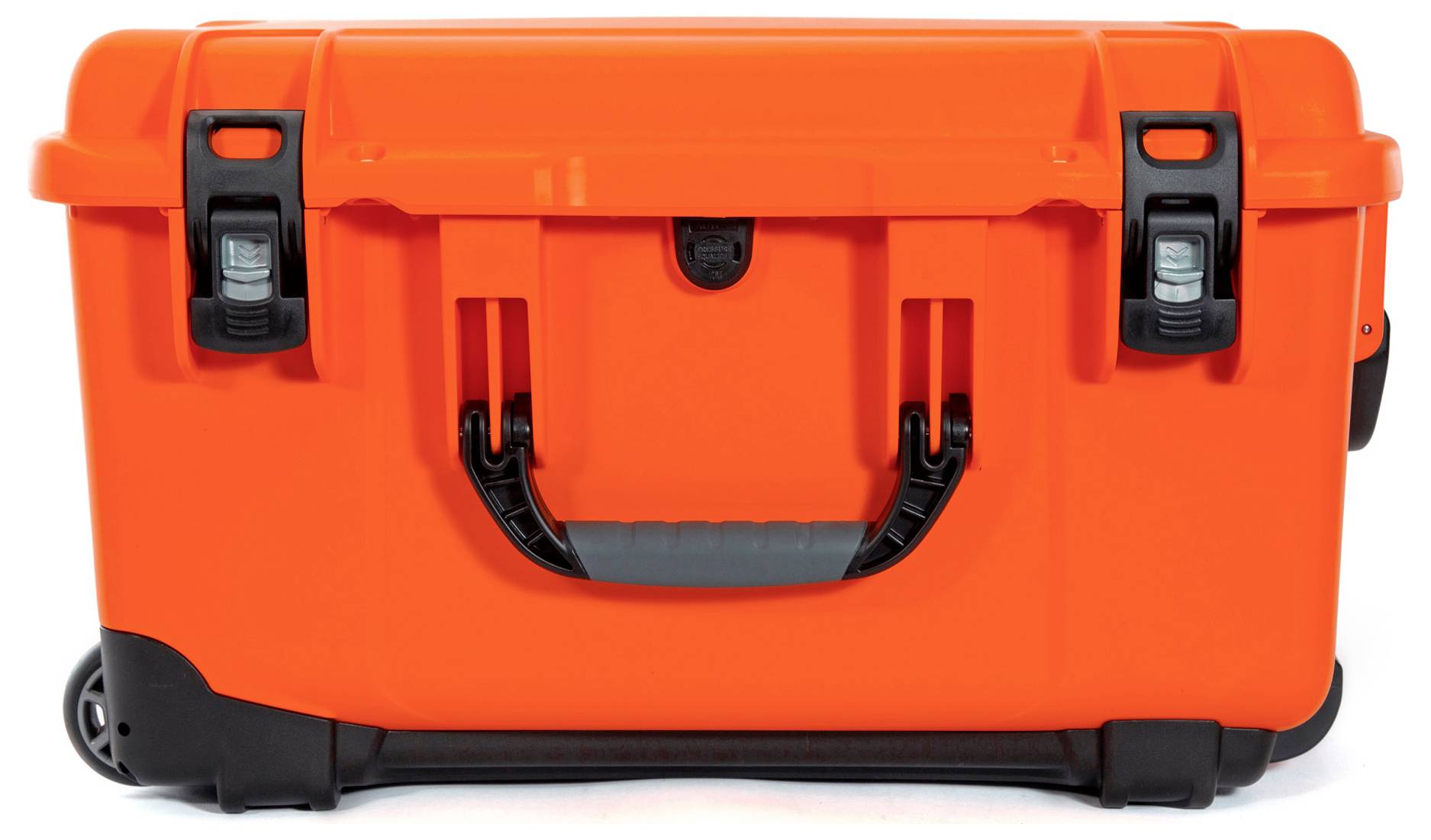 A bright orange, sealable suitcase with carry handle and wheels. Ideal for secure transportation of equipment.